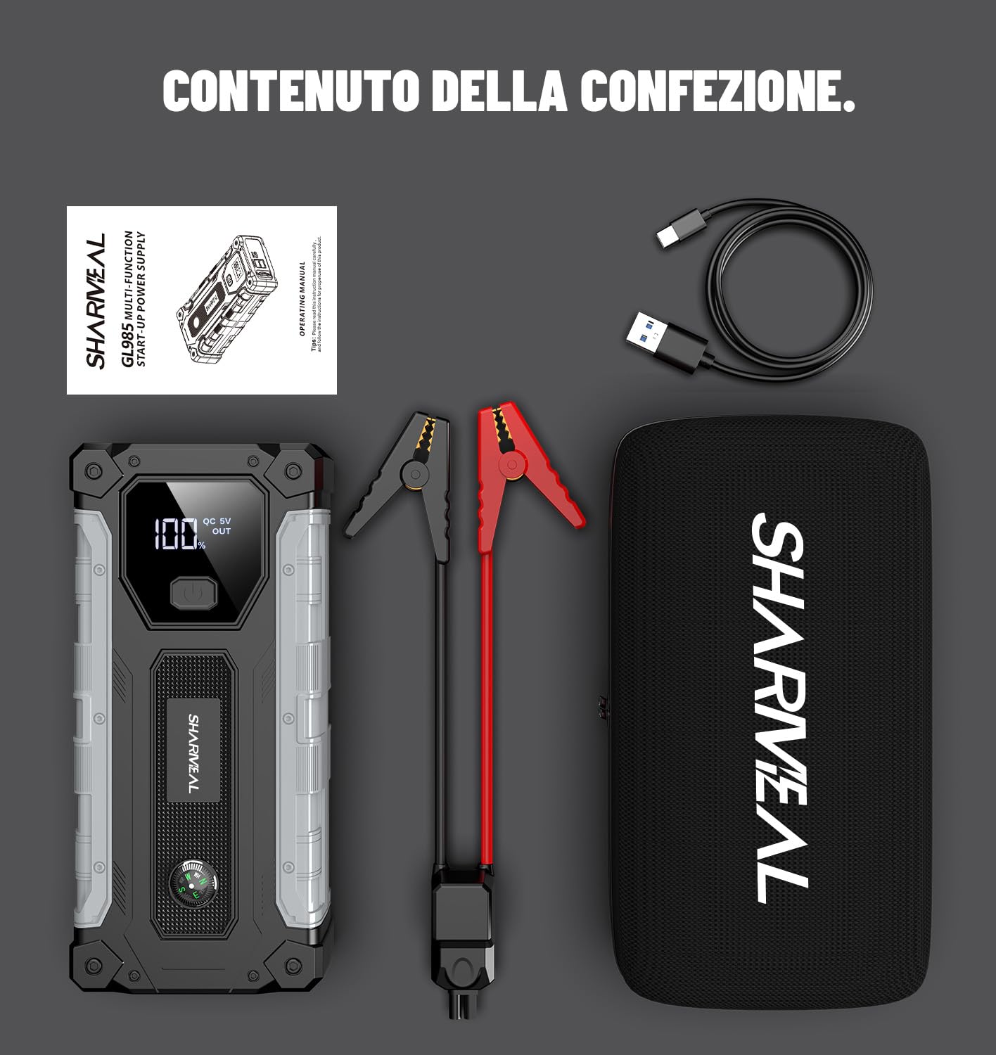 SHARMEAL Avviatore Batteria Auto 10000A, Avviatore di Emergenza per Auto per Motori Tutti Benzina e 10.0L Diesel, Portatile 12V Booster Avviamento con Torcia, Cavo di Avviamento, Ricarica USB