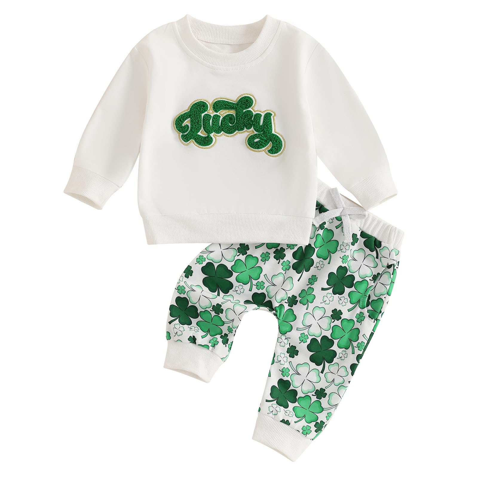 Nokpsedcb St Patricks Day Baby Boy Girl Outfit Cute Shamrock Sweatshirt Elastic Drawstring Long Pants Infant Spring Clothes (Green Lucky, 0-6 Months)