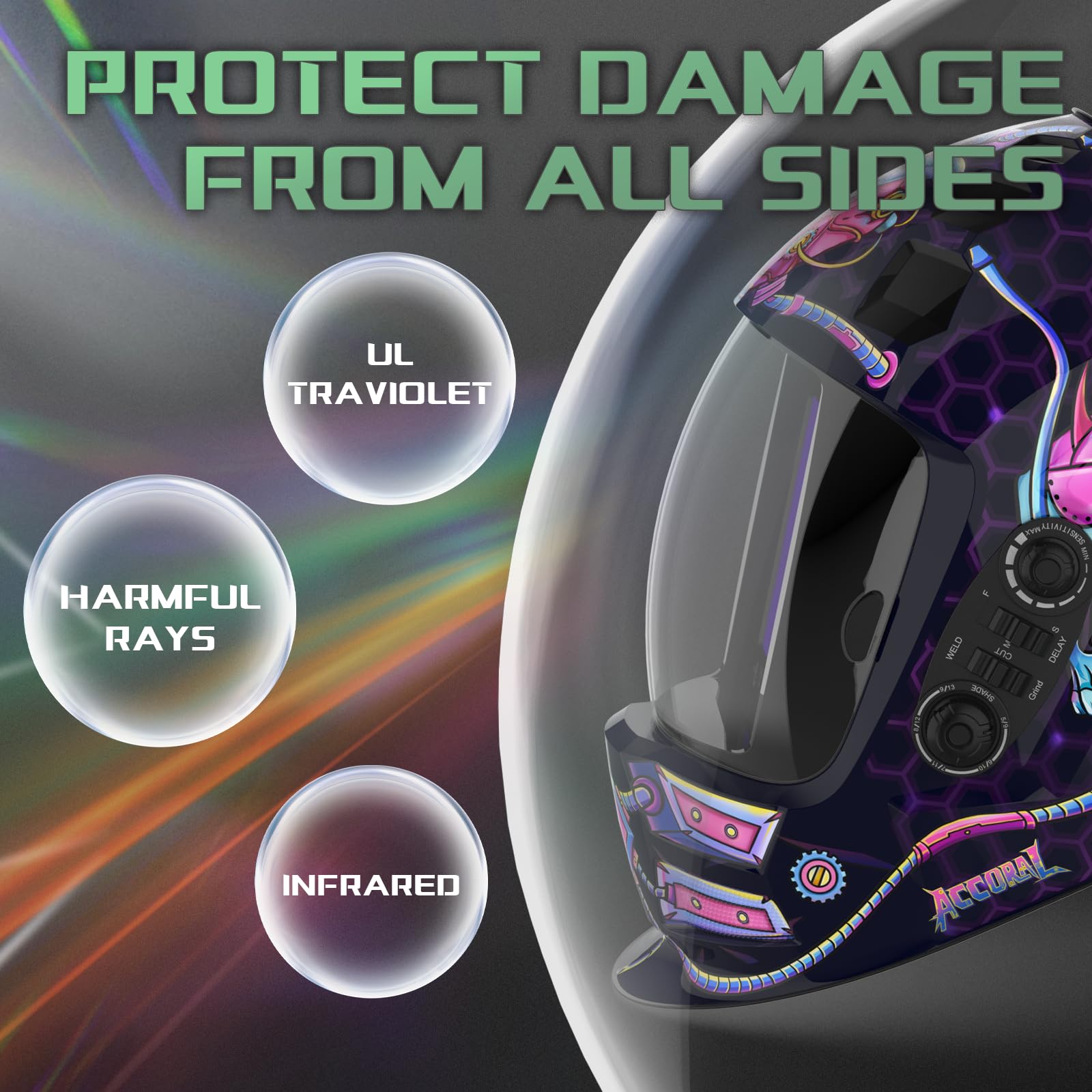 Casco de soldadura de lente hemisférica de visión grande de 3.94 x 3.65 pulgadas, máscara de campana de soldadura de oscurecimiento automático de color verdadero 1/1/1/1, 4 sensores de arco