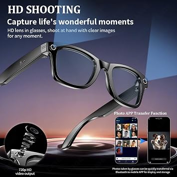 Ai Smart Glasses for Men/Women, with Camera Ip65 Waterproof Bluetooth Calls Playing Music Smart Glasses Identify Pictures Use Chatgpt, Photography, Video, Recording,BlackFrame