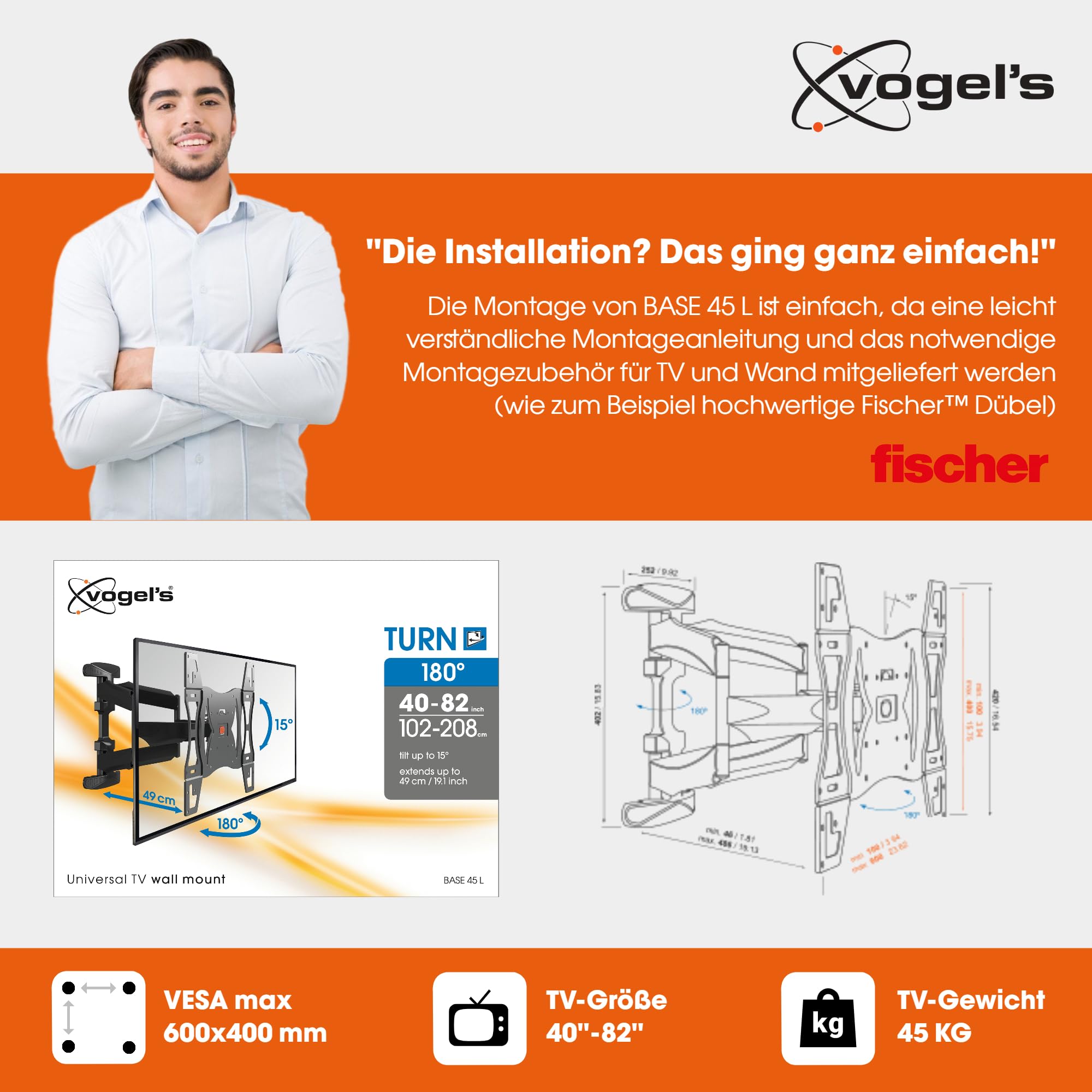 Vogel's Base 45 L schwenkbare TV Wandhalterung für 40-80 Zoll Fernseher, max. 45 kg, bis zu 180° Schwenkbar, neigbar, Fernsehhalterung, max. VESA 600x400, Universelle Kompatibilität, TÜV-Zertifiziert
