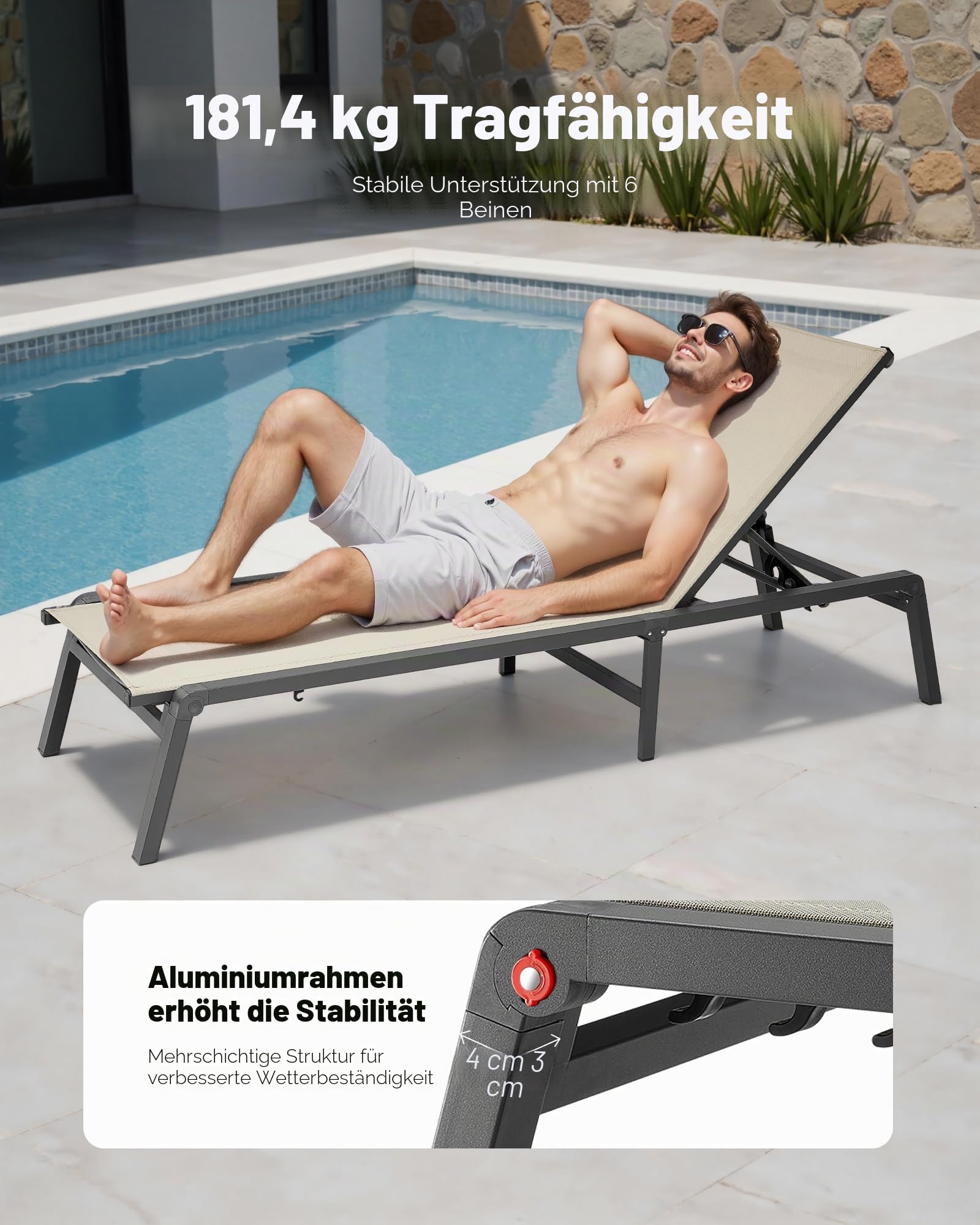 VEVOR Liegestuhl faltbar, Tragkraft 180 kg, Gartenliege mit 5 Verstellbarer Rücklehne, Sonnenliege aus Aluminium, Strandliege, Relaxliege, Gartenmöbel für Strand, Hof, Camping und Terrasse