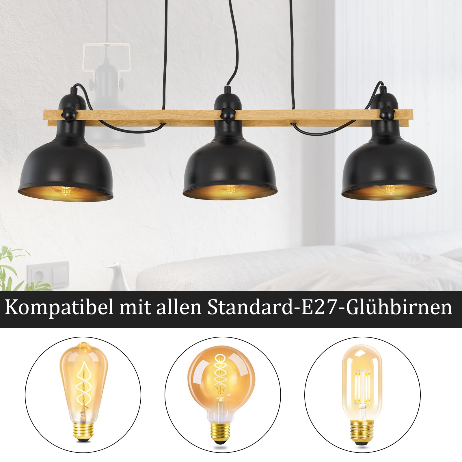 GBLY Hängelampe Vintage Pendelleuchte Holz Esstisch E27 Metall Hängeleuchte | 3 Flammig Holzbalken mit Schwarz Lampenschirm Retro Esszimmerlampe Industrial Esstischlampe für Küche Esszimmer