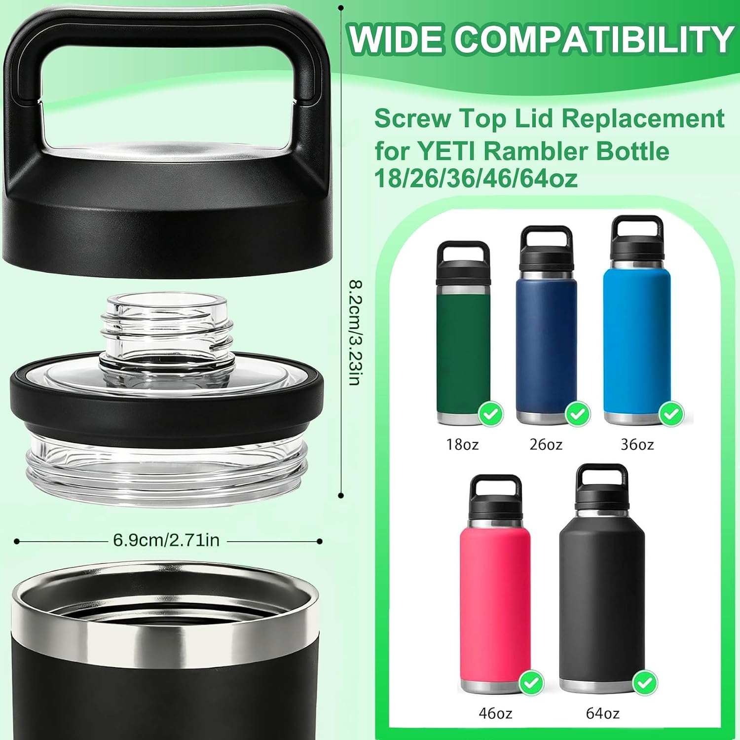 2PCS Replacement for YETI Rambler Bottle Chug Cap Lid, Screw Top Lid Replacement Fits for 18/26/ 36/64 oz YetiRambler, Chug CapLid Replacement for Yeti Rambler Models