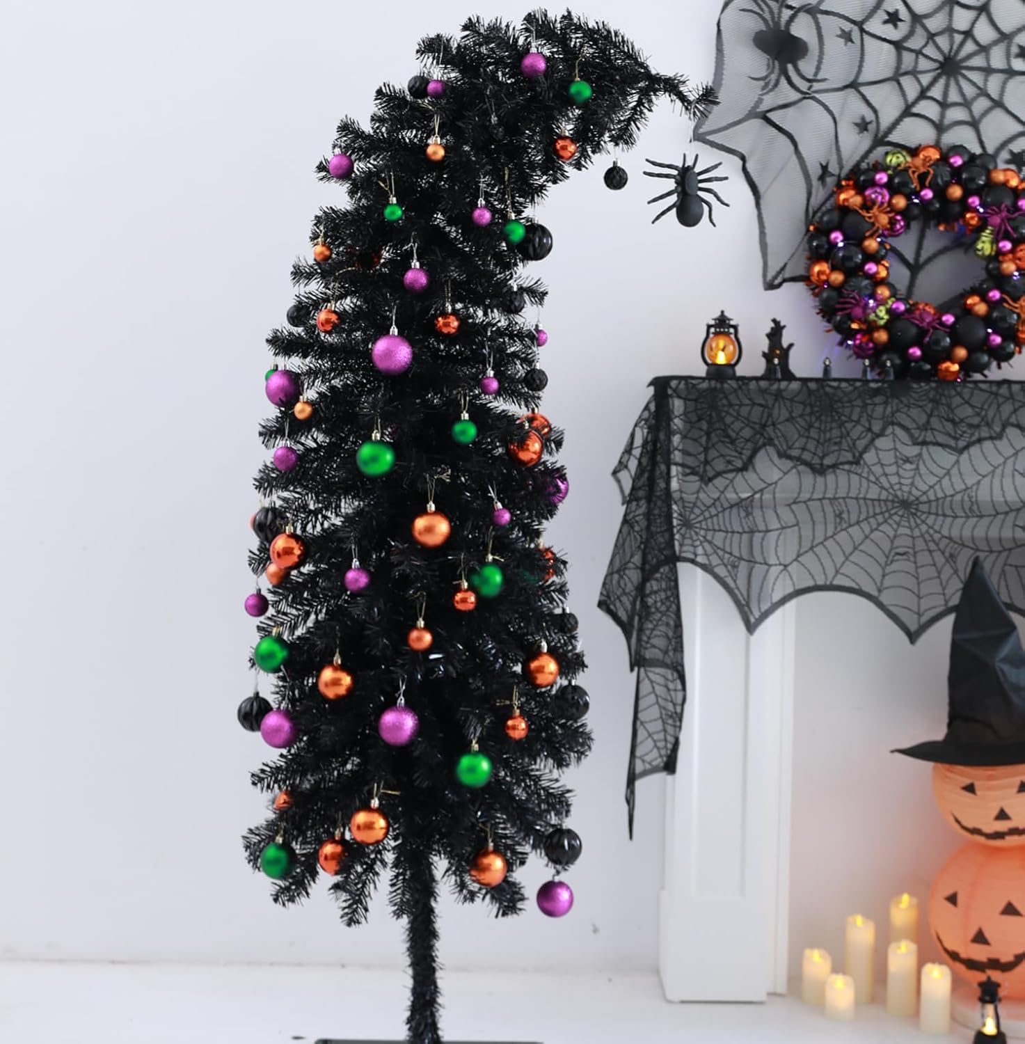 Holiday Decor Bundle: 5ft Prelit Black Tinsel Tree (100 Orange LEDs, 278 Tips, Spider Ornament, Metal Stand) + 30ct 1.18-2.36" Multicolor Shatterproof Balls (3 Sets) for Mini Tree, Decor