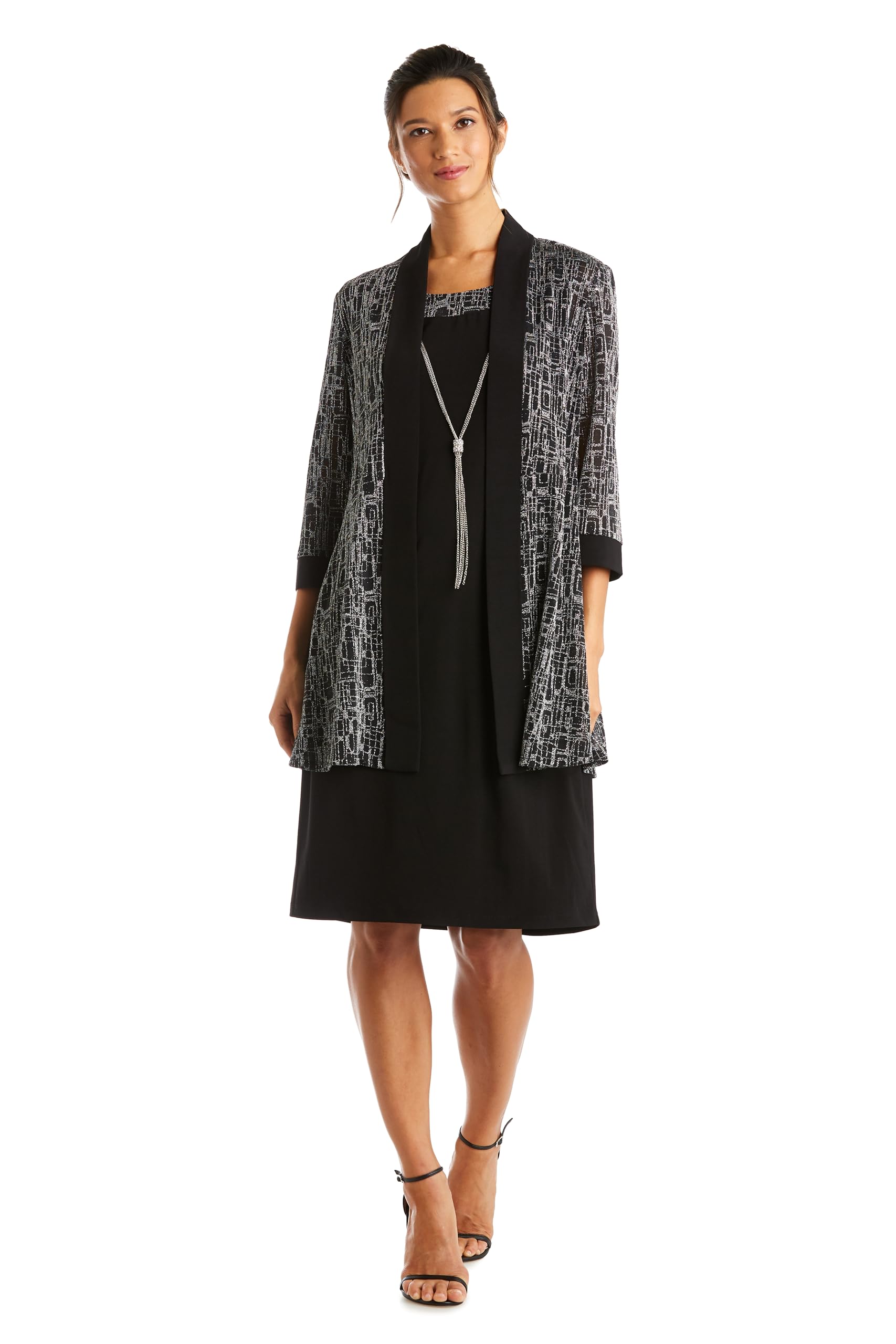 R M Richards Womens Elegant Metallic Jacquard Knit Jacket Dress Shimmering 2-Piece Ensemble W Detachable Necklace