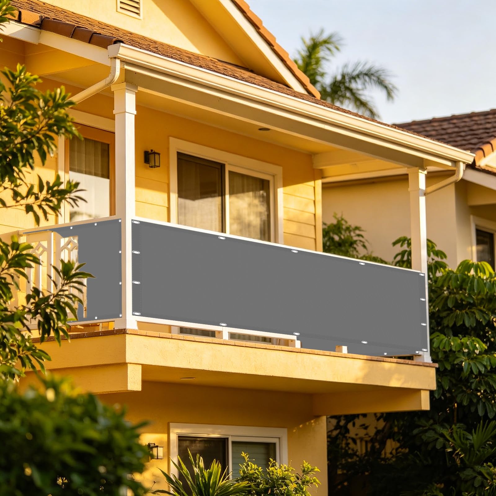 Balkonabdeckung 40 x 550 cm Uv-Schutz, Schnelltrocknend Und Reißfest, Wetterfest Balkon Sichtschutz Nach Maß mit Kordel, Kabelbinder für Geländer, Hellgrau