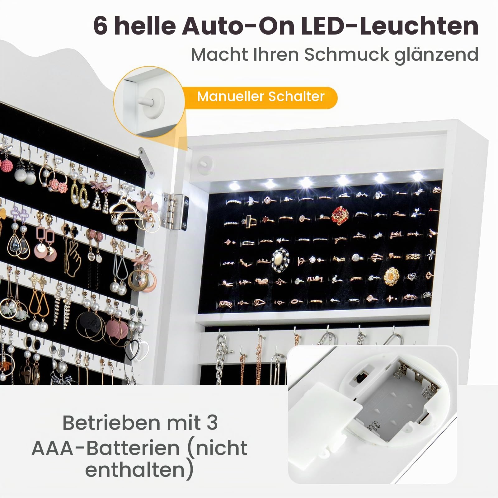 HOMASIS 2 in 1 Schmuckschrank mit Ganzkörperspiegel & LEDs, 360°beweglicher Schmuckregal mit 3 Schubladen & 4 Ablagen aus Holz, abschließbarer Spiegelschrank mit Kettenhaken & Ringverschluss (Weiß)