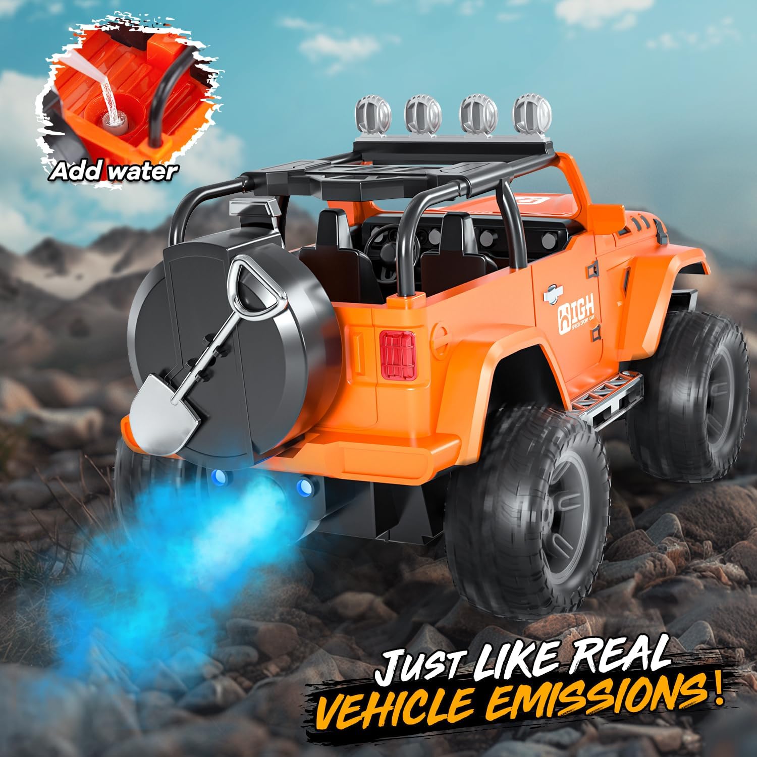 1:16 Remote Control Car with Spray, Lights and Sound, 2.4GHz Remote Control Jeep for Kids, All Terrain Off-Road Jeep RC Car Toys Gift for Boys and Girls
