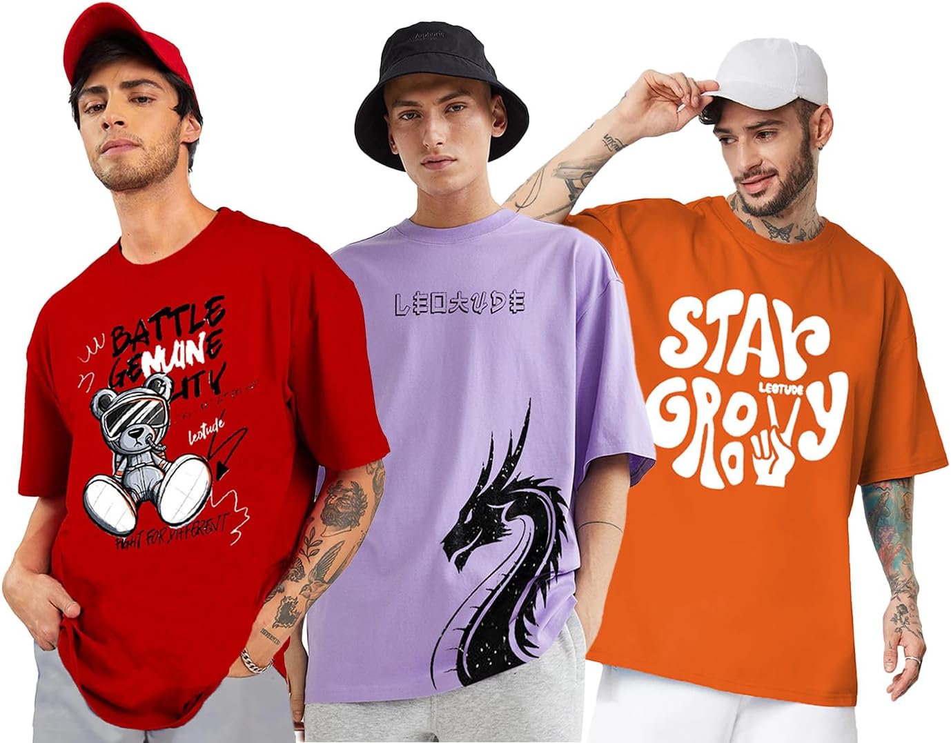 Men's Cotton Oversized Fit Half Sleeve Oversized Printed T-Shirt, Round Neck Longline Drop Shoulder | ful Printed Combo T-Shirt (Pack of 3)