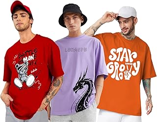 LEOTUDE Men's Cotton Oversized Fit Half Sleeve Oversized Printed T-Shirt, Round Neck Longline Drop Shoulder | ful Printed Price In India