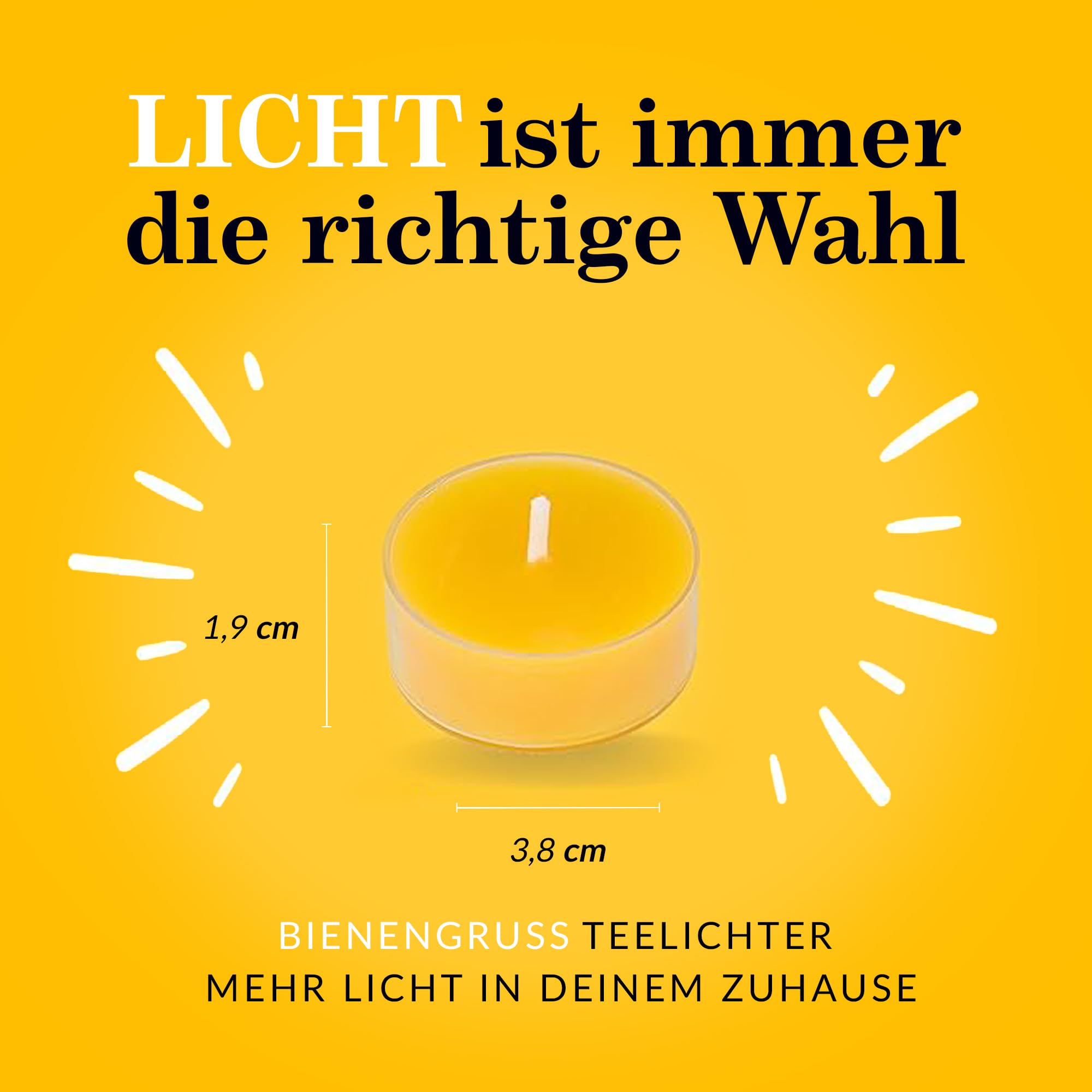 Bienenwachs Teelichter – 72 Bienenwachskerzen mit Baumwolldochten – unparfümierte Teelicht - Kerzen und 2 Teelichtgläser – gelb –handgemacht – 4 Stunden Brennzeit (Modern, 72, stück)
