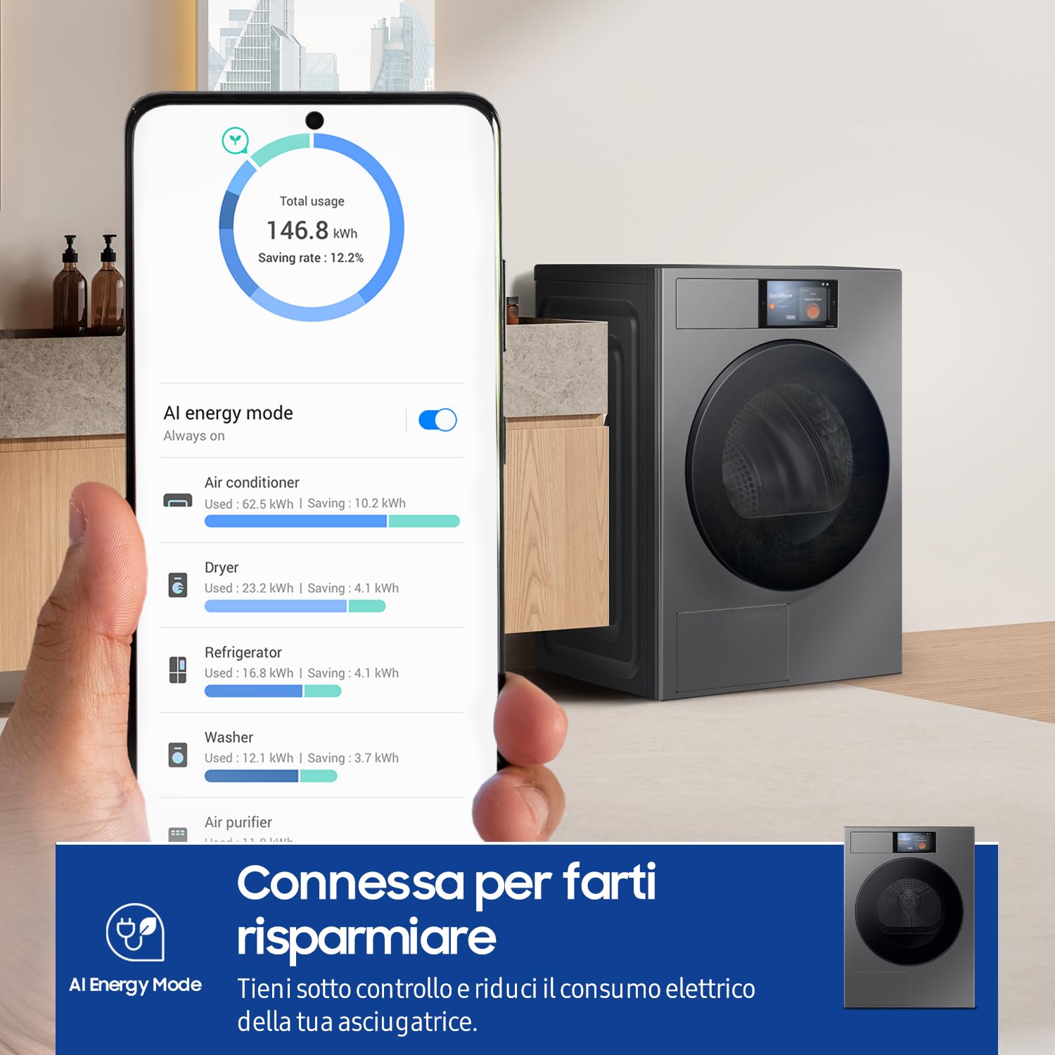 Samsung Asciugatrice Bespoke AI DV90F09F4S/U3, 9 kg, Pompa di Calore, Wifi, Controllo Vocale, Display AI Home, AI Dry, Carica Frontale, 60L x 85H x 60P cm