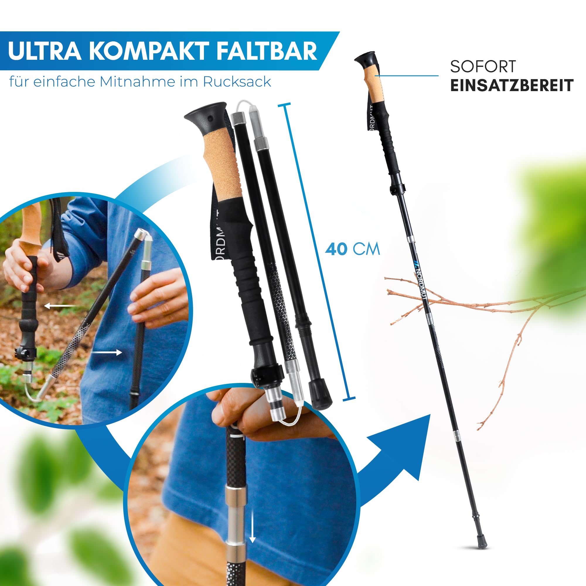 NORDMUT® Wanderstöcke faltbar aus ultraleichten Aluminium oder Carbon - ab 1,50m oder 1,65m - stabile Faltbare Wanderstöcke mit ergonomischen Griffen - Robuste Trekkingstöcke mit kompakten Packmaß