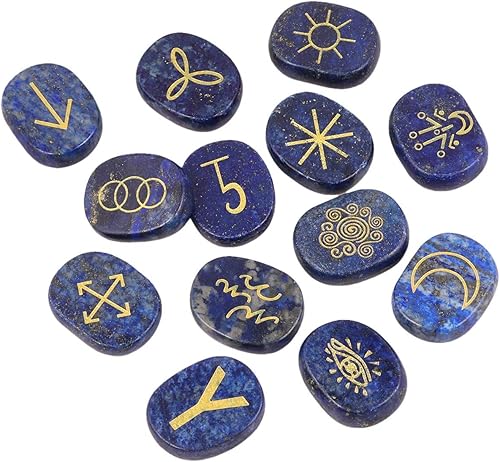 Miniatura 3 de Rockcloud Juego de runas de brujas de cristal curativo Lapislázuli, símbolo gitano, piedras de chakra, piedra de palma, equilibrio de reiki, 13