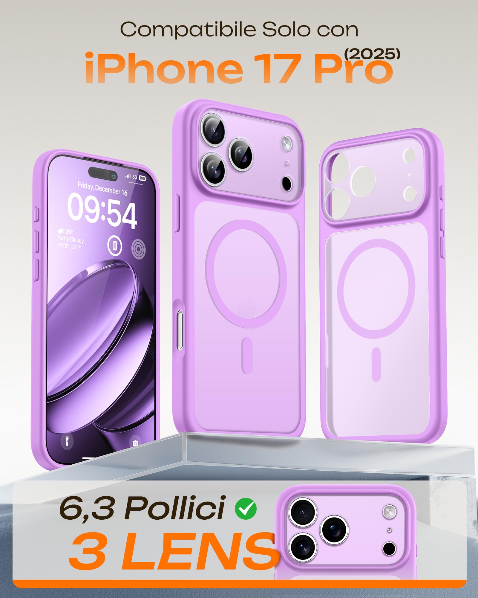 TOCOL Cover Magnetica per iPhone 17 Pro 6,3 Pollic, Compatibile con MagSafe, Anello Magnetico Incorporato, Protezione Fotocamera Integrata, Custodia Antiurto Traslucida Opaca, Viola Chiaro