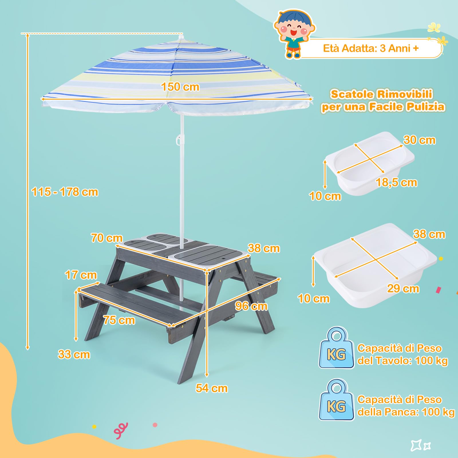 COSTWAY 4 in 1 Tavolo da Picnic per Bambini, Tavolino Sabbiera | Set di Tavolo e Panca in Legno per Spiaggia con Ombrellone e 3 Scatole di Plastica Rimovibili per Patio, Giardino e Cortile