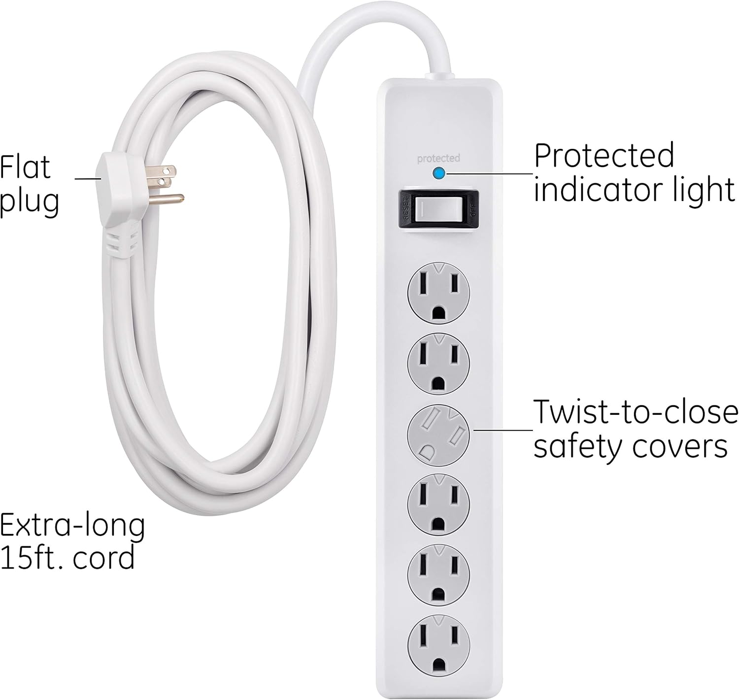GE 6-Outlet Surge Protector, 2 Pack, 15 Ft Extension Cord, Power Strip, 800 Joules, Flat Plug, Twist-to-Close Safety Covers, Protected Indicator Light, UL Listed, White, 54649 : Everything Else