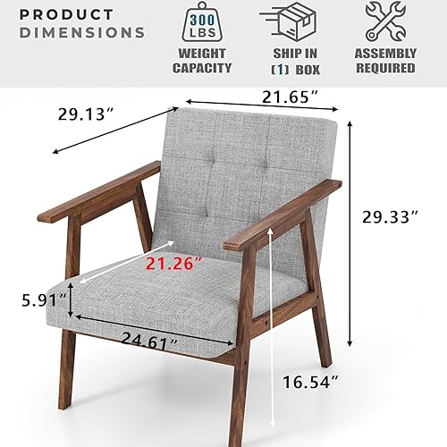 Miniatura 3 de TARSHYRY Silla decorativa de mediados de moda, sillón tapizado de lino con marco de madera de goma y cojín suave, cómoda silla de descanso para sala