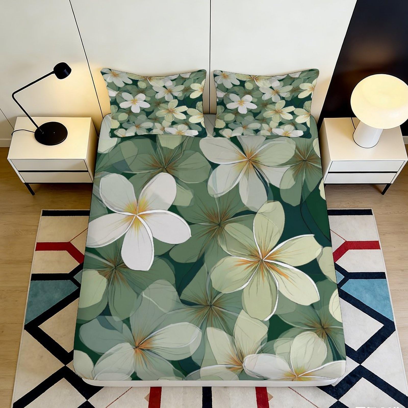 3D Printed Tropical Flower Fitted Sheet Microfiber Soft Breathable Plumeria Bed Cover for Bedroom Dormitory Guest Room Mattress Protection Decor 160x200x25cm