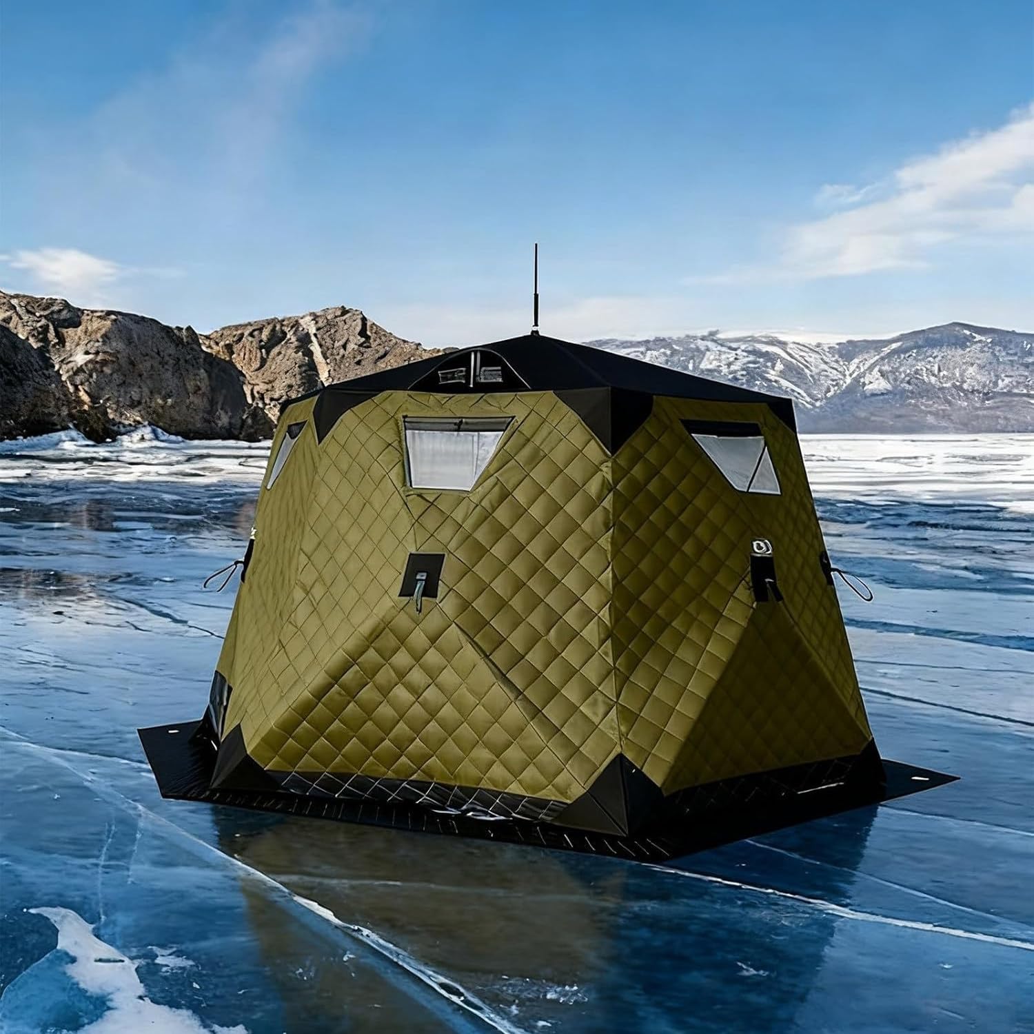 Tente de pêche sur glace isolée – Abri hexagonal pour 3 à 5 personnes avec installation rapide – Durable, design coupe-vent pour froid extrême – Équipement de pêche sur glace portable