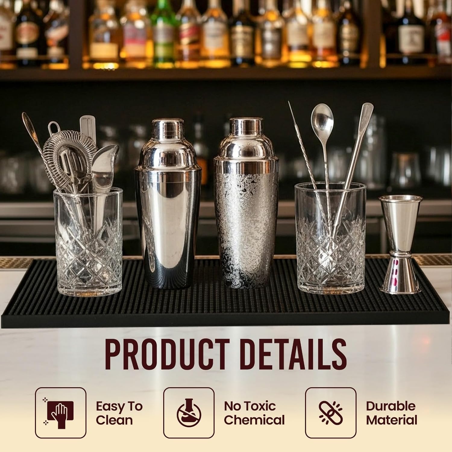 Rubber Bar Mat Set of 4-18"x12", Black - Durable, Non-Slip, Non-Toxic Spill & Drying Bar Mats for Countertops, Restaurants, Coffee Shops, & Tabletops