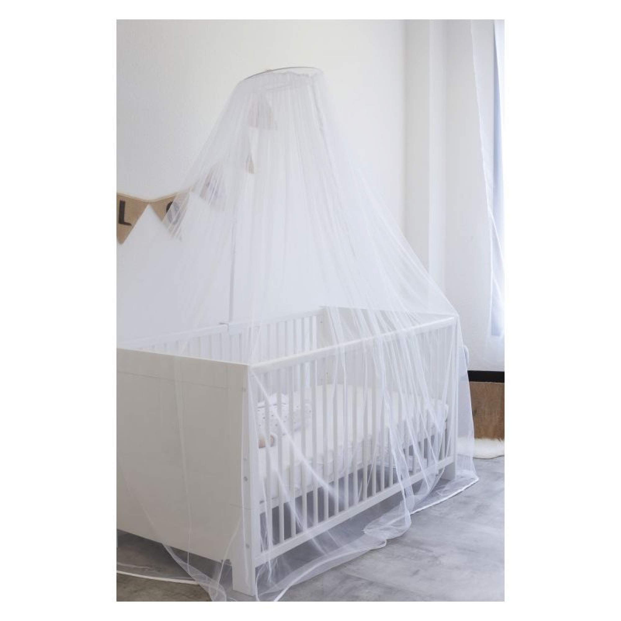 Trois Kilos Sept - Moustiquaire à Zip pour lit de bébé - Ciel de lit - Filet Anti Moustiques Tigres, Insectes - Hauteur modulable - Support Universel - Lavage à 30° - 100% Polyester - Blanche