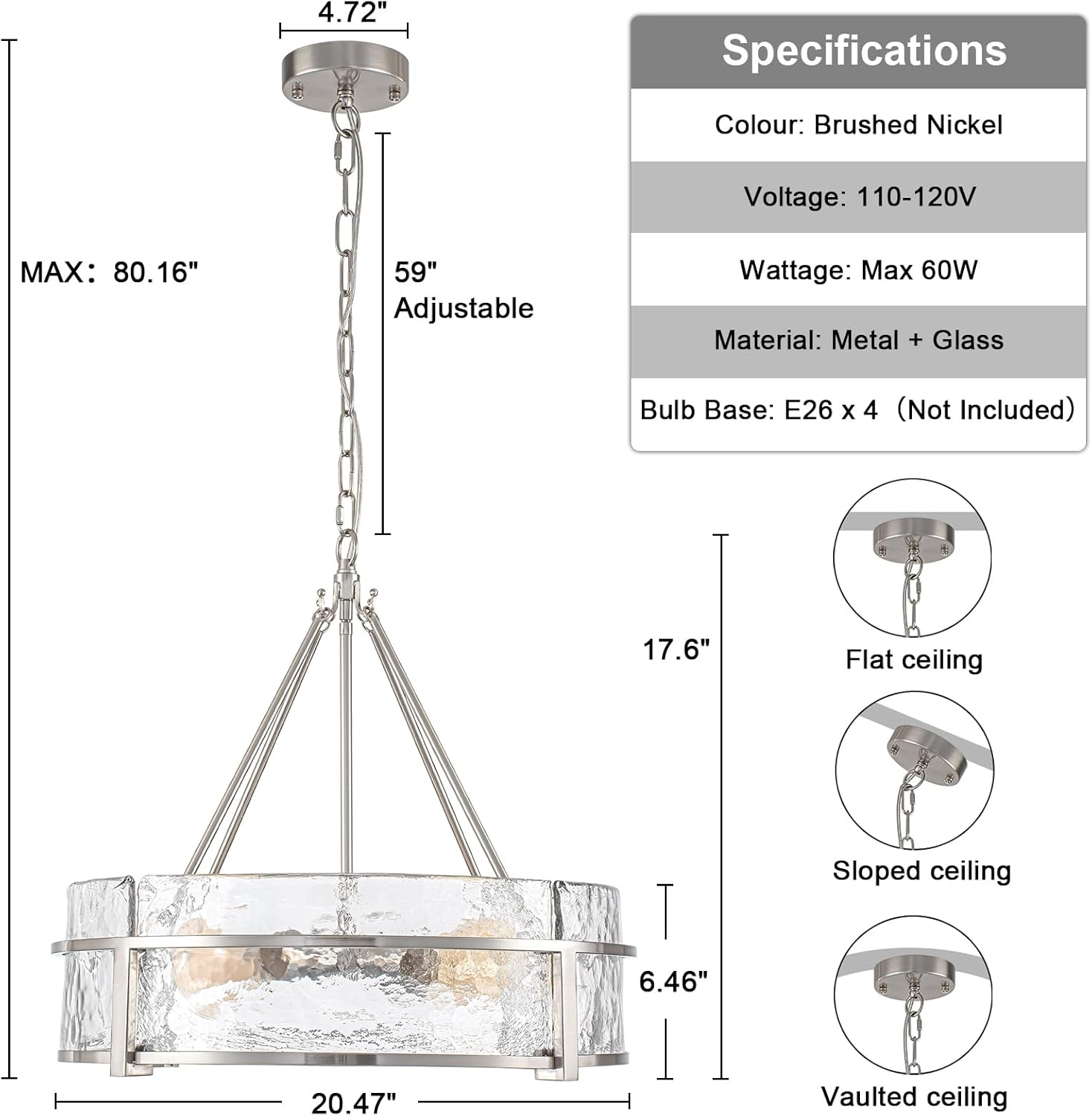 20.47" Modern Glass Chandelier for Dining Room, Brushed Nickel Textured Crystal Drum Kitchen Island Light Fixture Luxury Glass Water Ripple Crystal Chandeliers for Living Room Kitchen Bedroom Foyer