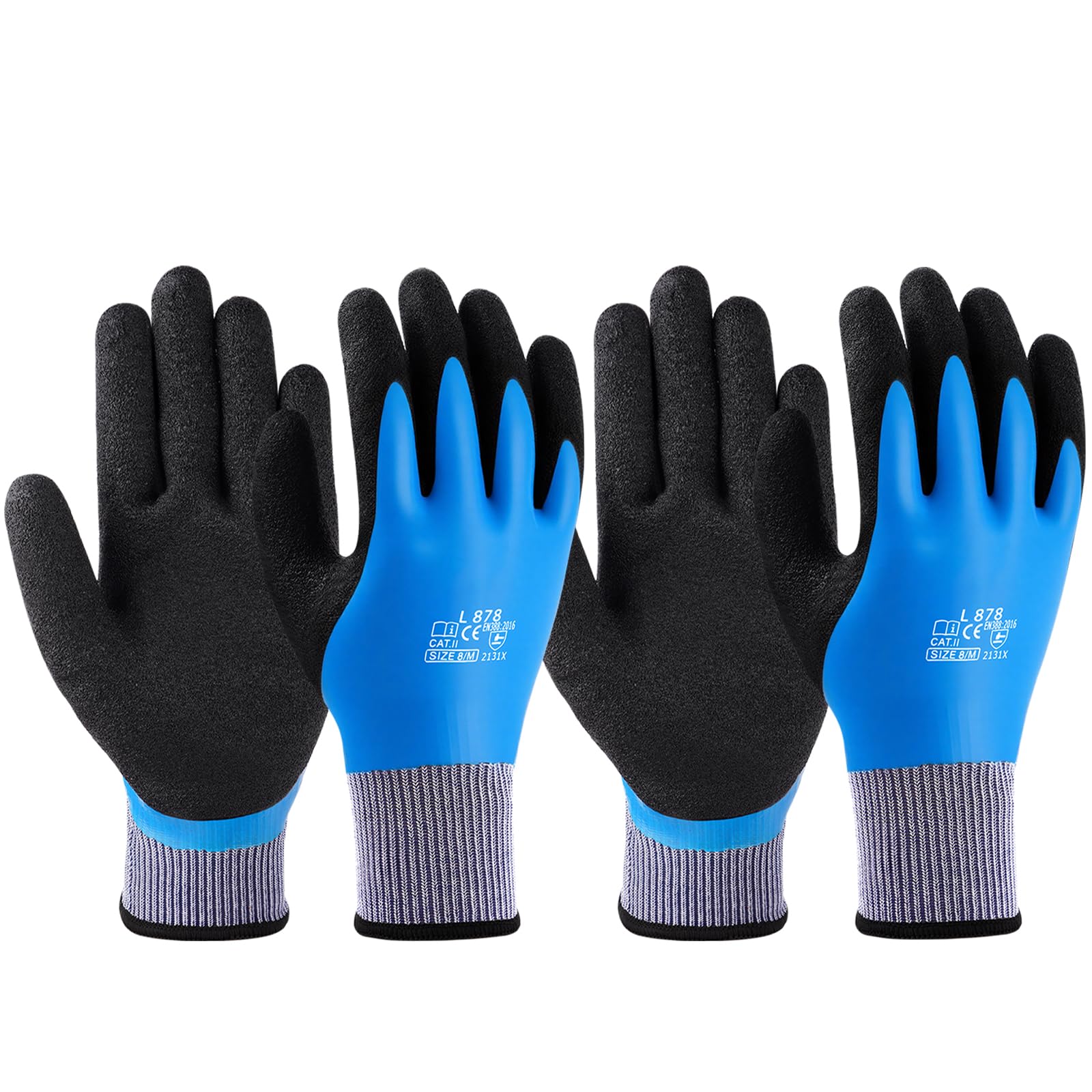 flintronic Waterproof Work Gloves, 2 Pairs Ultra-Grip Work Gloves Non-Slip Latex Coated Versatile for Gardening, Car Washing, Fishing, Cleaning, Outdoor Tasks, Blue, M