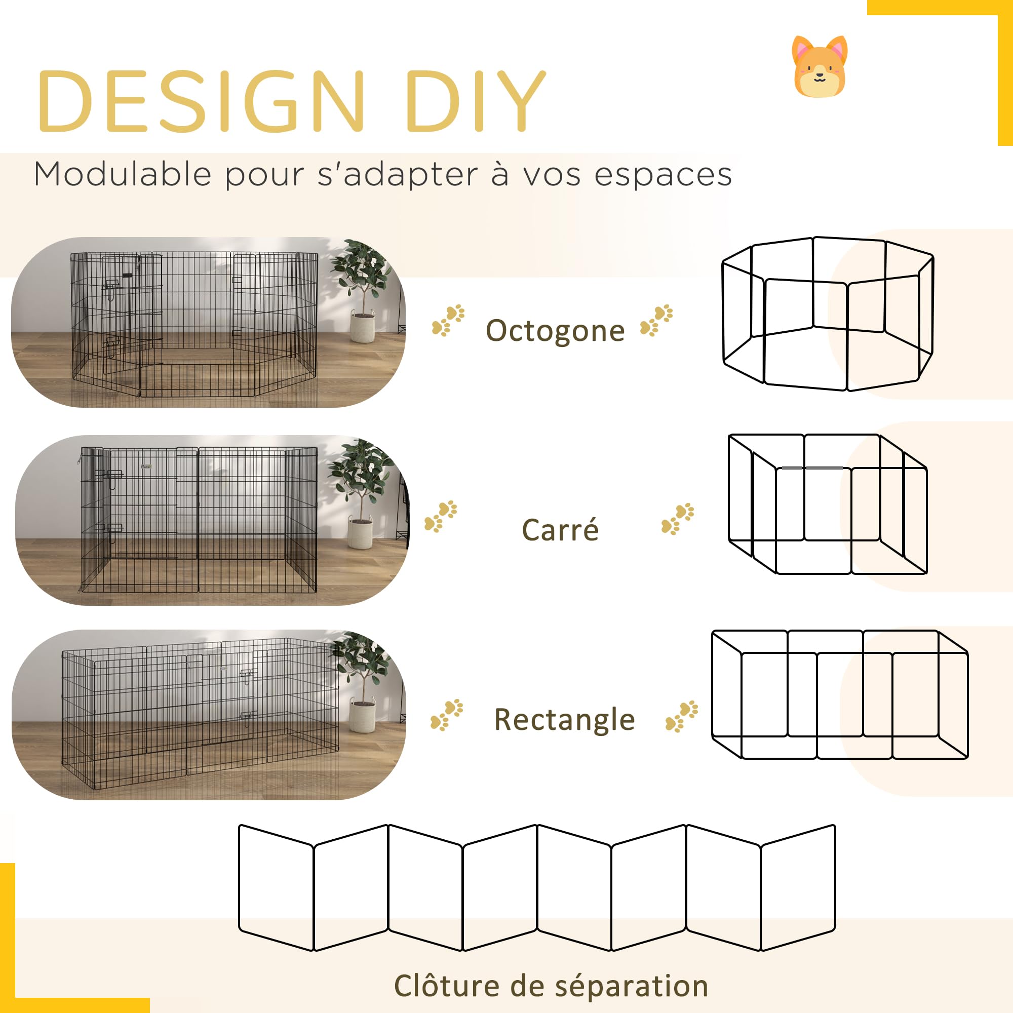 PawHut Parc enclos modulable pour Chiens Lapins rongeurs clôture pour Petits Animaux intérieur et extérieur Pliant 1 Porte verrouillable 8 Panneaux en Fil de métal 61 x 76 cm Noir
