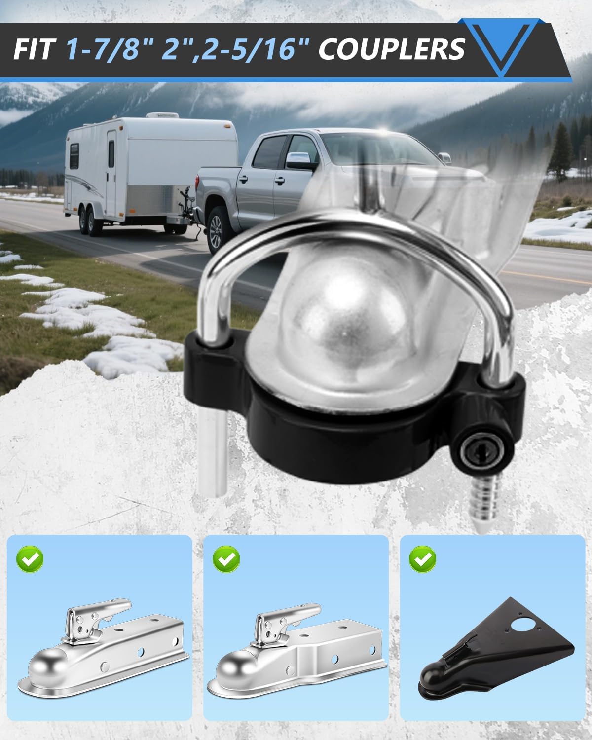 Keyed Alike Trailer Hitch Lock Set, Include Coupler Lock Fits 1-7/8", 2'' 2-5/16" Coupler, with 1/2'' and 5/8" Dia Dual Bent Pin Hitch Lock, 1/4'' Dia Span Trailer Tongue Coupler Lock, Black