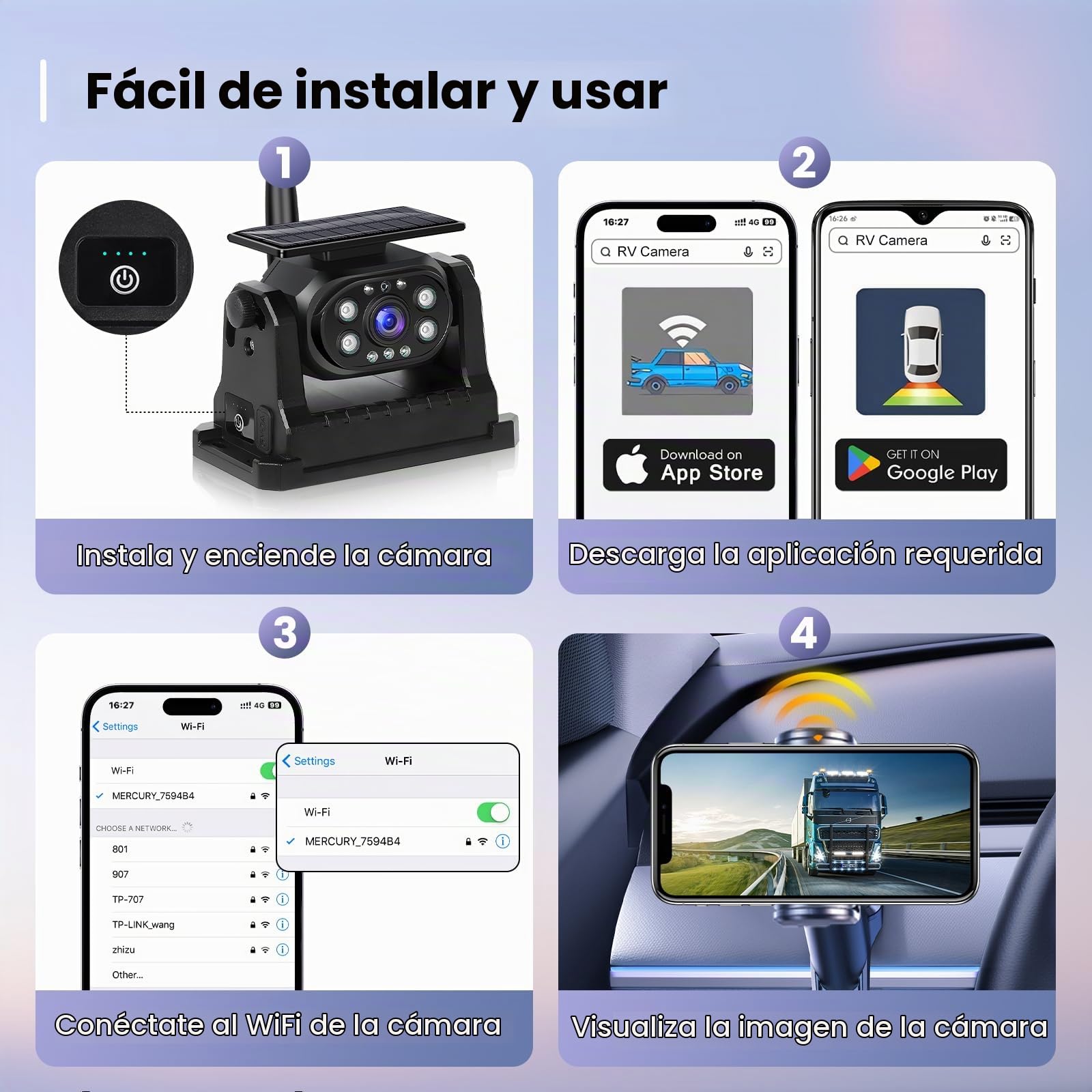 Hodozzy Cámara de Visión Trasera Solar Inalámbrica WiFi Estable, Cámara 1080P Impermeable con Visión Nocturna, Carga Solar, Ayuda de Marcha Atrás, Recargable para Automóvil
