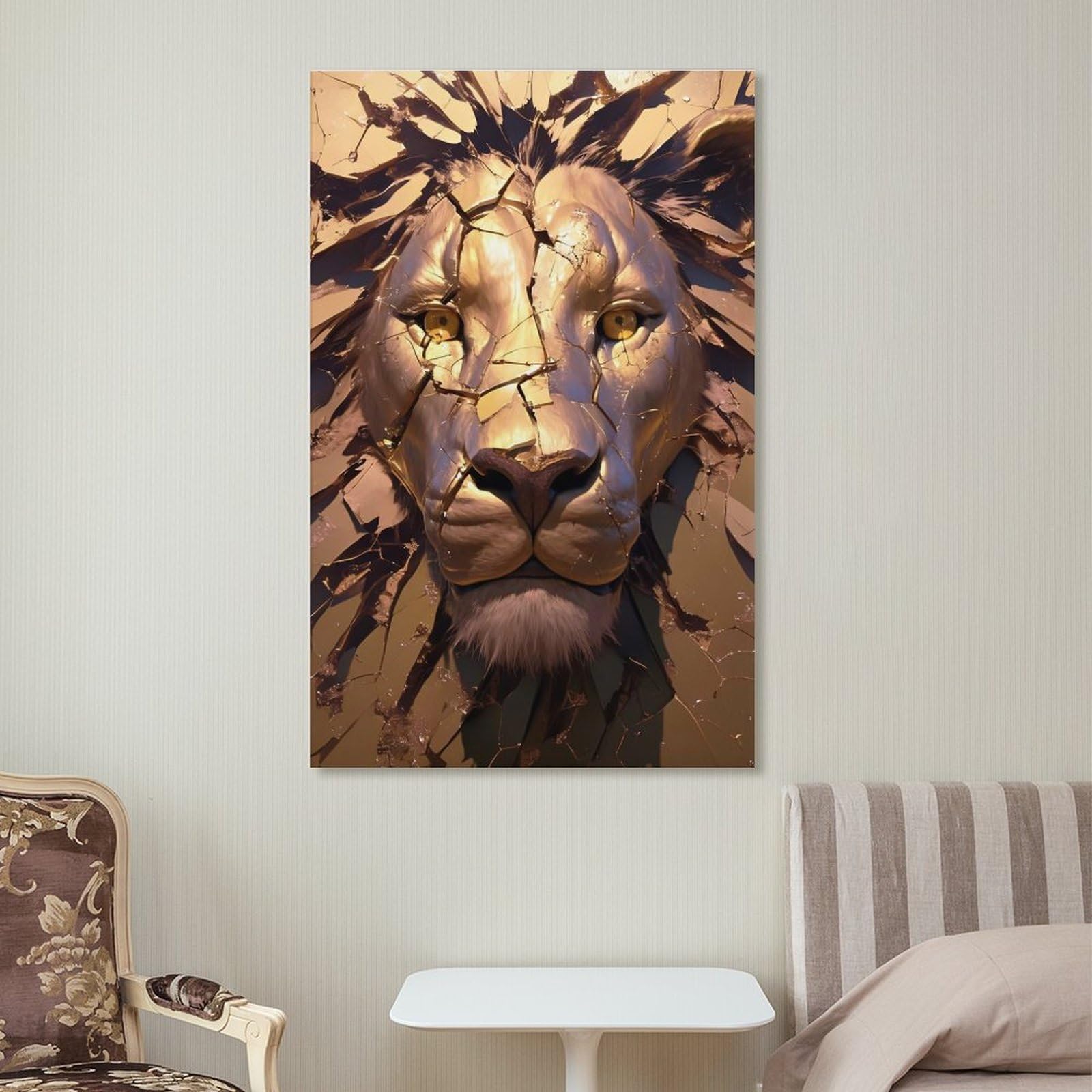 Junmoney Leinwand Wandbild Golden Lion Head with Cracks, 16x24inch(40x60cm), Für Wohnzimmer, Flur Oder Schlafzimmer, Wohnakzent Mit Ruhiger Ausstrahlung