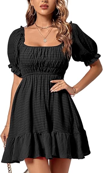 Rooscier Womens Square Neck Puff Short Sleeve Shirred Ruffle Flared Swing Mini Dress
