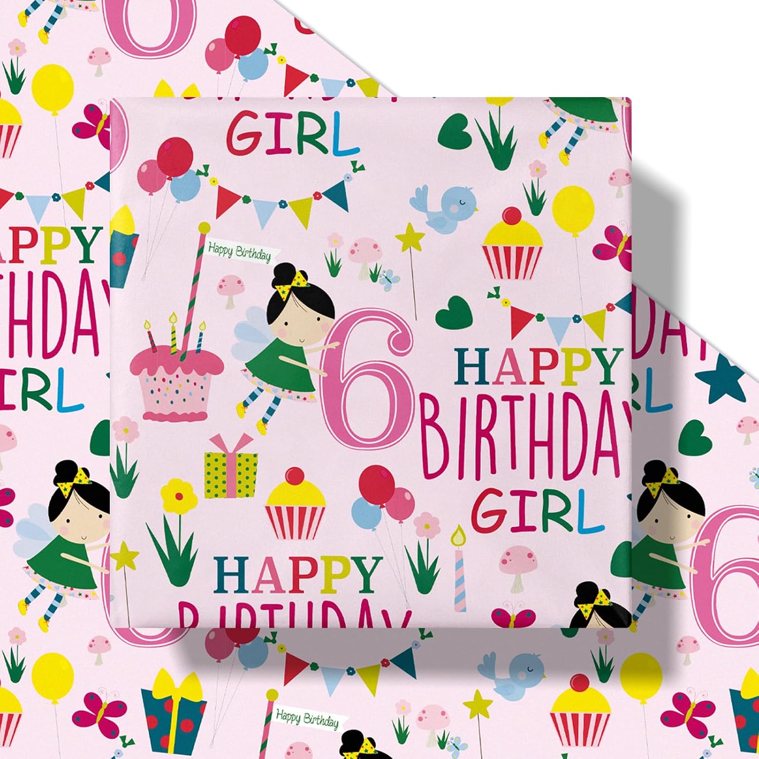 RUSPEPA Happy 6th Birthday Wrapping Paper Roll for Girls, Mini Roll, Pink Happy Birthday Girl Pattern Design for Party and More, 17 inches x 16.4 feet, 6 Years Old image 2