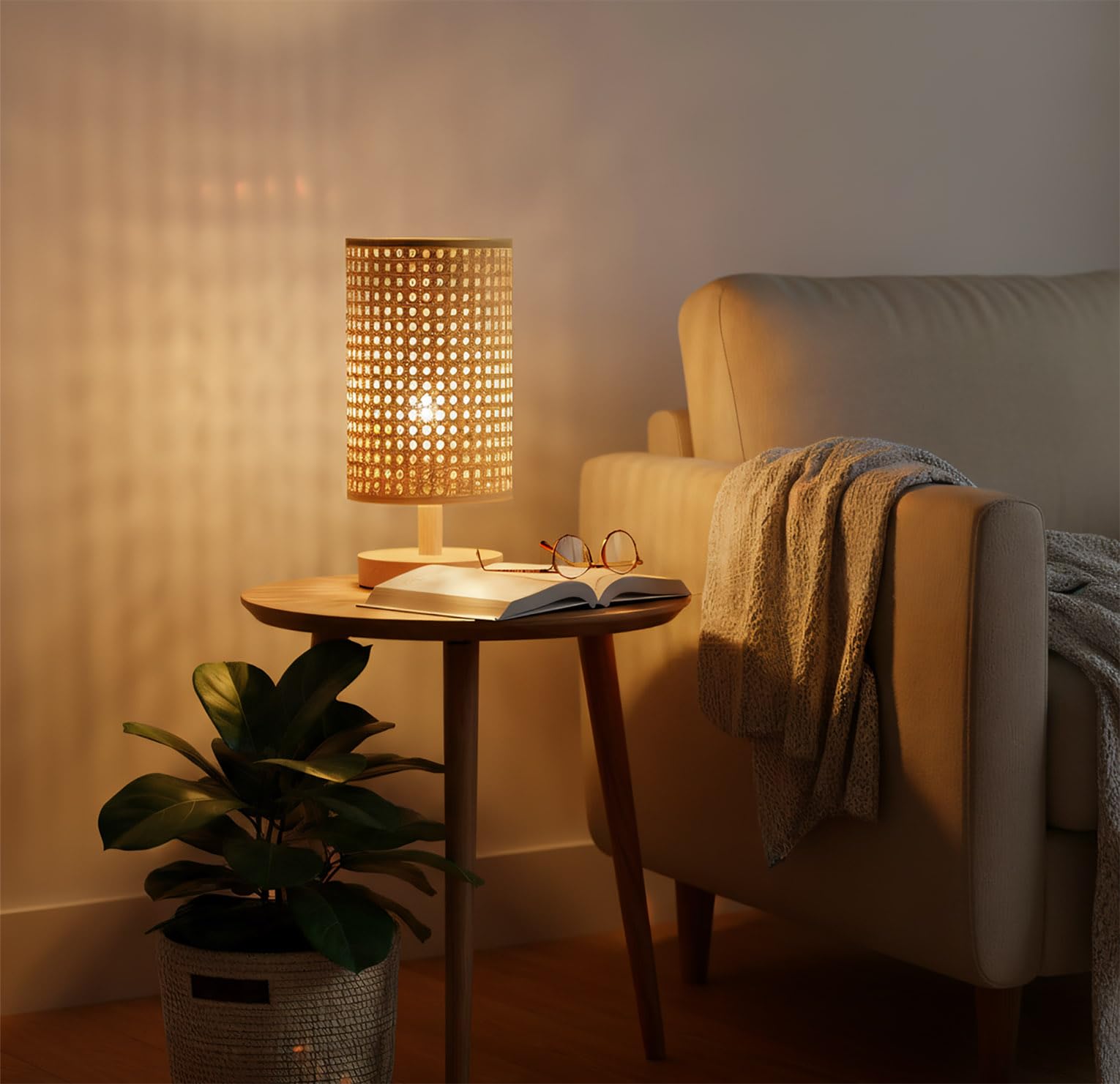 AFORTLO Table Desk Lamp,Small Rattan Hollow-Out Wicker Bamboo Boho Decorative Nightstand Night Light Solid Wood Base Lamp for Bedroom,Living Room,End Table or Office with Bulb(Rattan Hollow-Out) Product Image 5