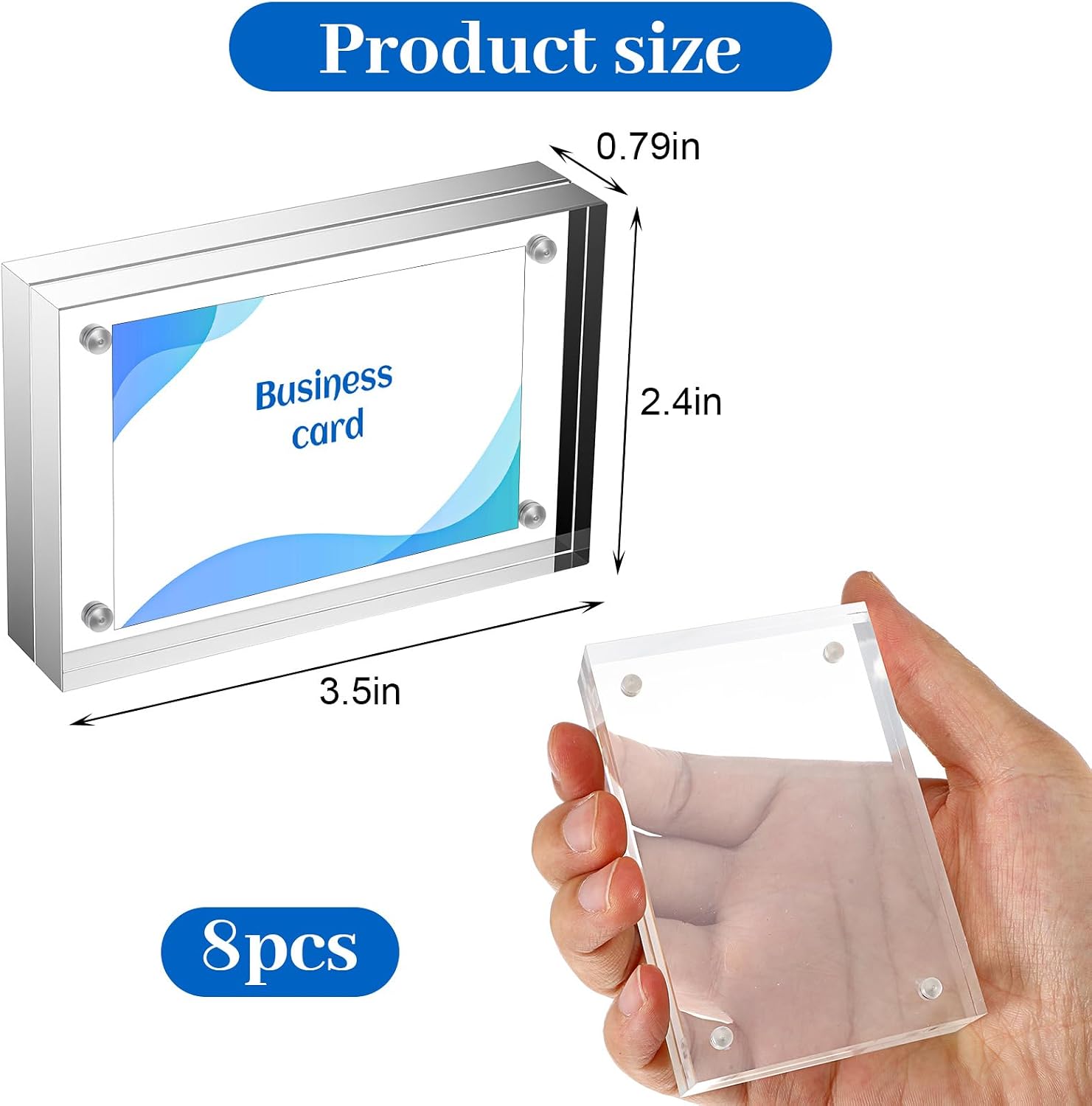 8 Pcs Acrylic Business Card Frame, 2.5x3.5 inch Clear Magnetic Photo Block Frames, 20mm Thick Double Sided Picture Frame for Wallet Size Photos, Desktop Display Stand for Office Home Decor