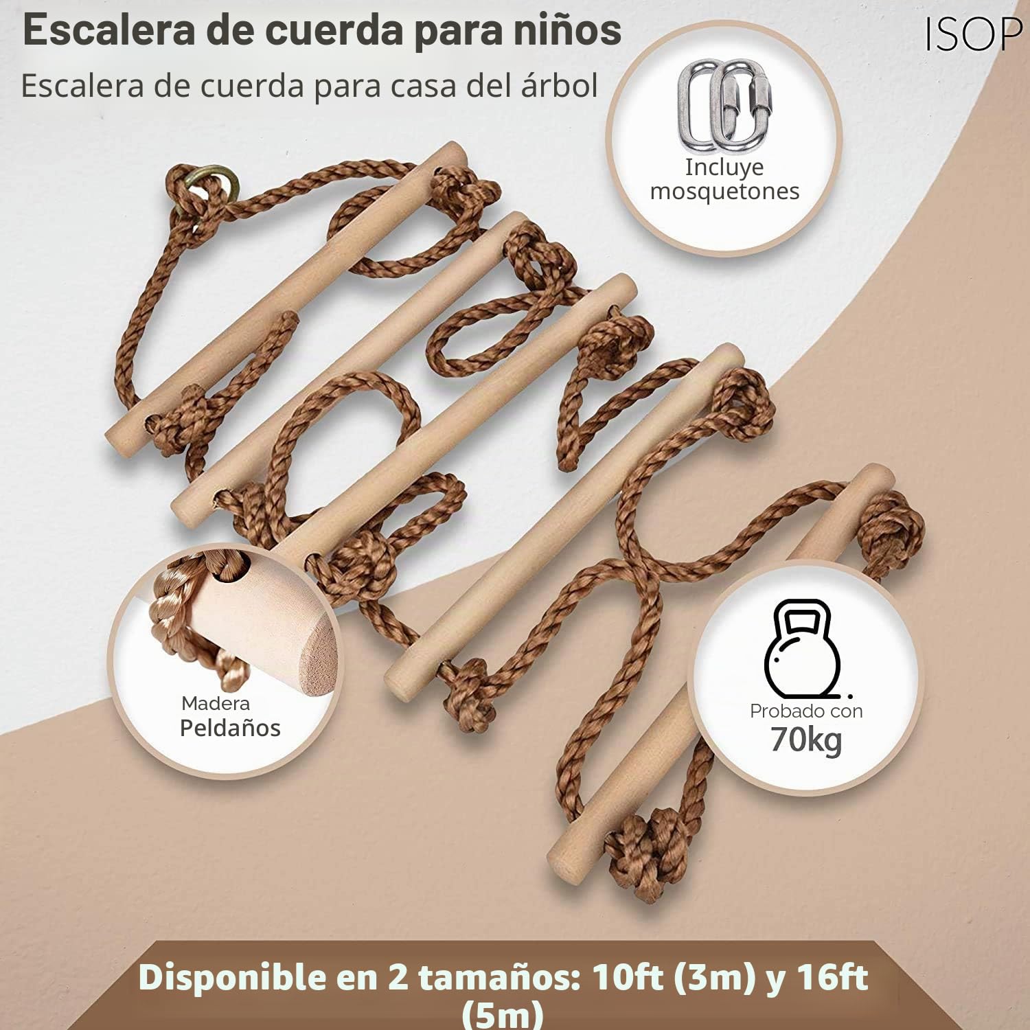 Escalera de Cuerda de Pared Sueca 2m - Escaleras Duraderas de Madera Dura para Niños | Equipo de Juego de Escalera de árbol | Escaleras de Madera con Ganchos | Accesorios para Parques Infantiles