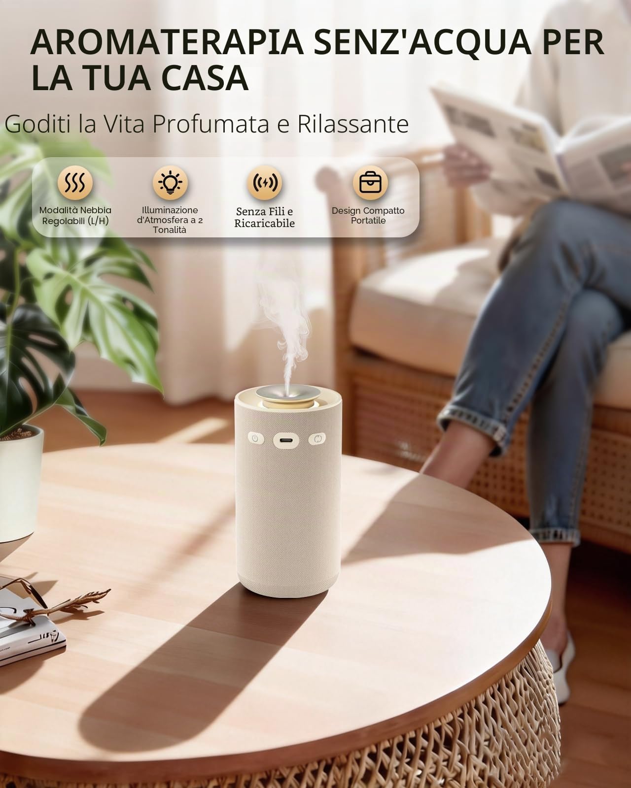 Diffusore di Oli Essenziali Senza Acqua – Nebulizzatore Aromaterapia Puro a Freddo Ricaricabile per Casa. Profumatore Ambiente Wireless con Design in Tessuto Premium e Batteria a Lunga Durata - Beige