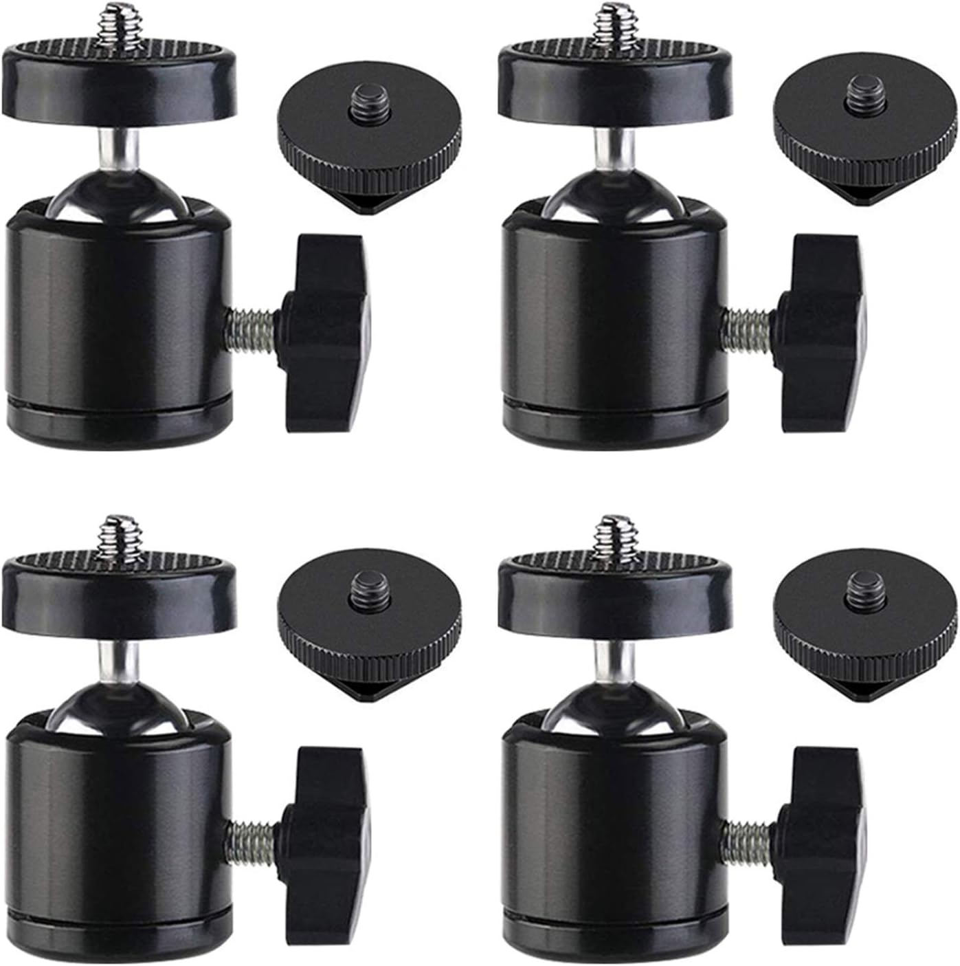 Hot Shoe Mount Adapter 360 Degree Swivel Mini Ball Head 1/4 Tripod Screw for Cameras, Camcorders, Smart Phone, LED Video Light, Microphone (4 Packs)
