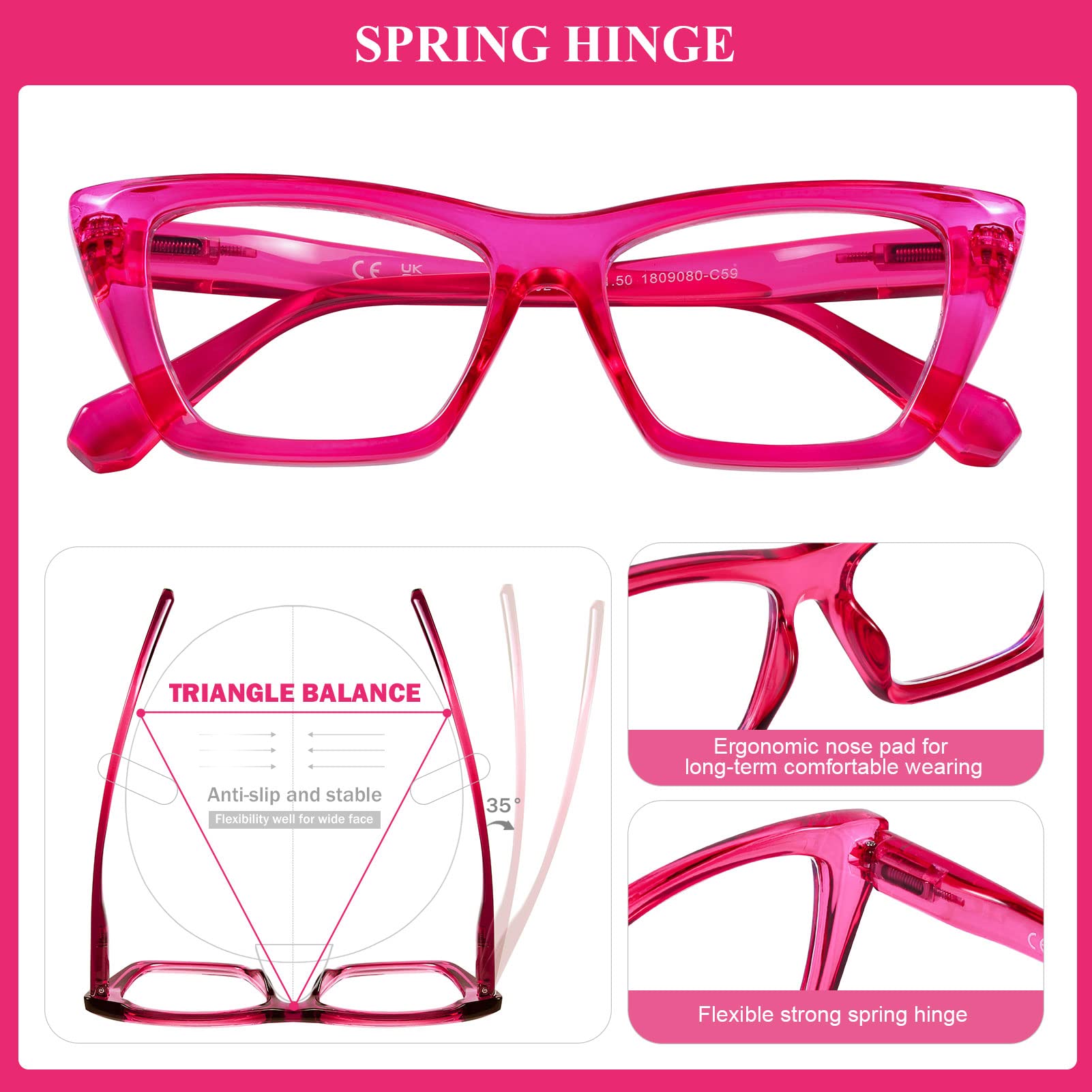 DOOViC Blue Light Filter Reading Glasses 1.75 for Women Cats Eye Style Rose Red Frame, 024 Rose Red - Image 4