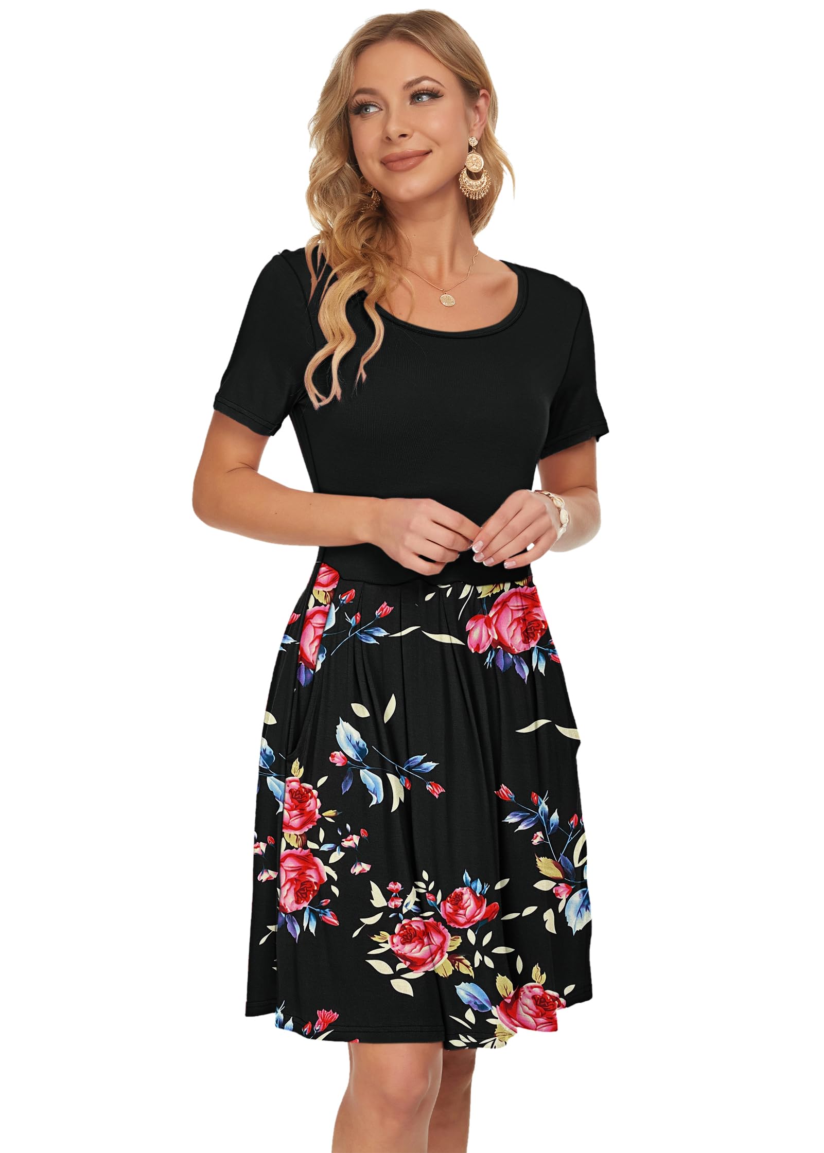 AUSELILY Abito Casual da Donna a Pieghe a Manica Corta con Lunghezza al Ginocchio con Tasche