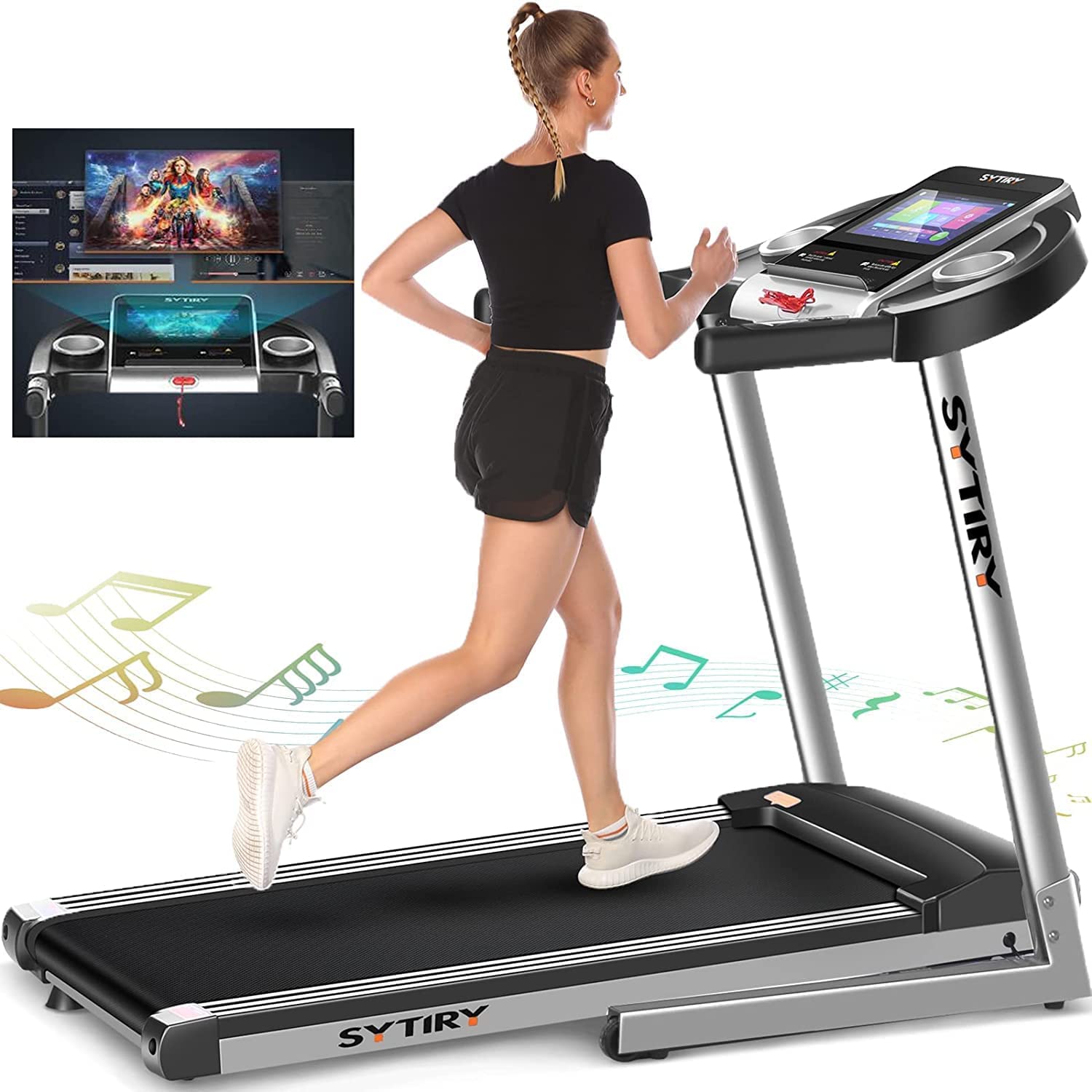 SYTIRY Folding Treadmill, HD Touchscreen, WiFi, TV, YouTube and Facebook, Compact Treadmills Easy Assembly, Walking Jogging Running Machine for Family & Office Use