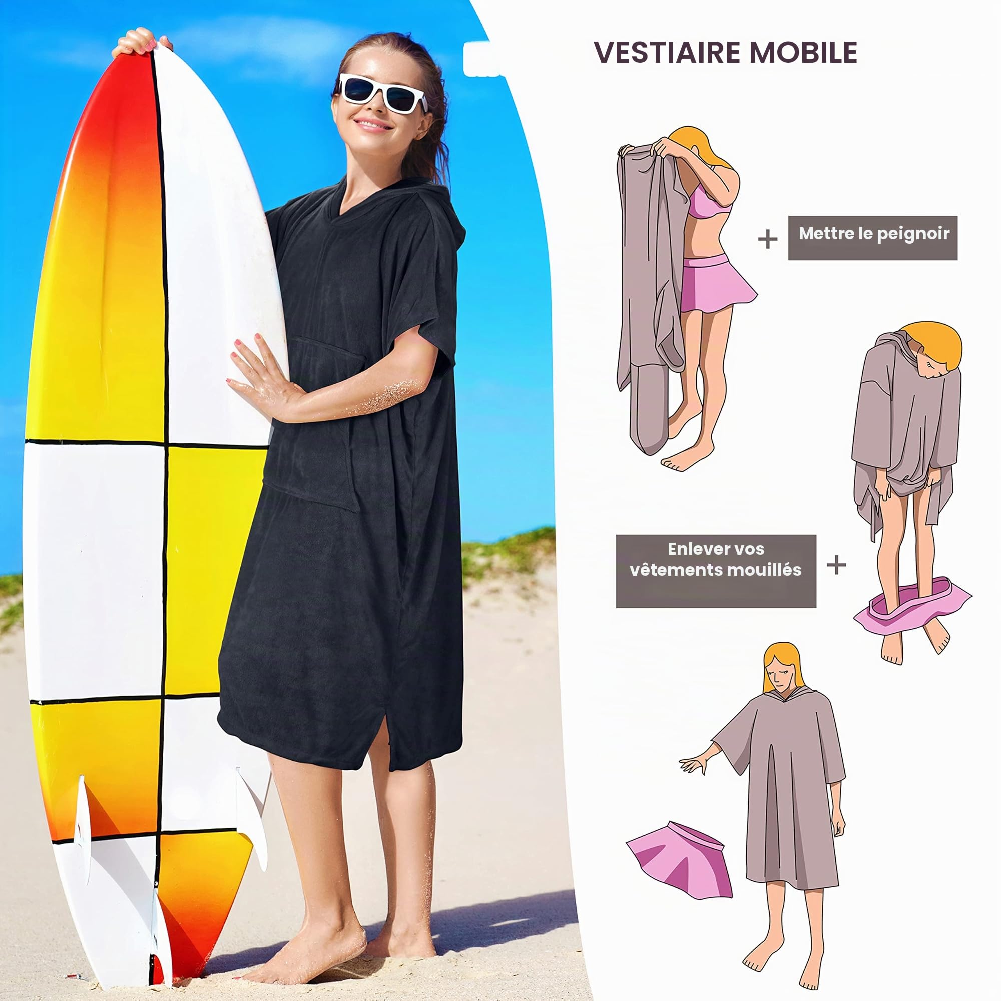Kato Tirrinia Poncho de surf à capuche Changing Towels Quick Dry Beach Change Robe pour adulte homme femme imperméable et anti-sable pour le surf, la natation, la baignade, le bain, la grande taille