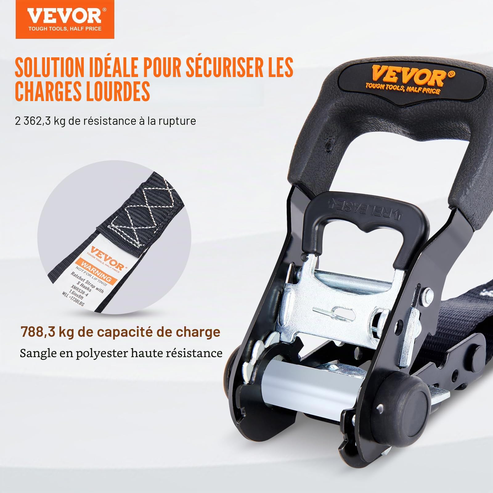 VEVOR Sangle à Cliquet Lot de 4 Sangles d'Arrimage Résistance à la Rupture Maximale 2362 kg 0,04x2,4 m pour Sécuriser Cargaisons, Appareils Électroménagers, Équipement de Jardin, Motos, Déménagement