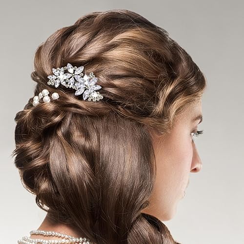 Miniatura 6 de Teaaha 2 pinzas para el cabello con diamantes de imitación, color plateado, estilo floral, para boda, novia, fiesta, baile, baile, desfile, damas de