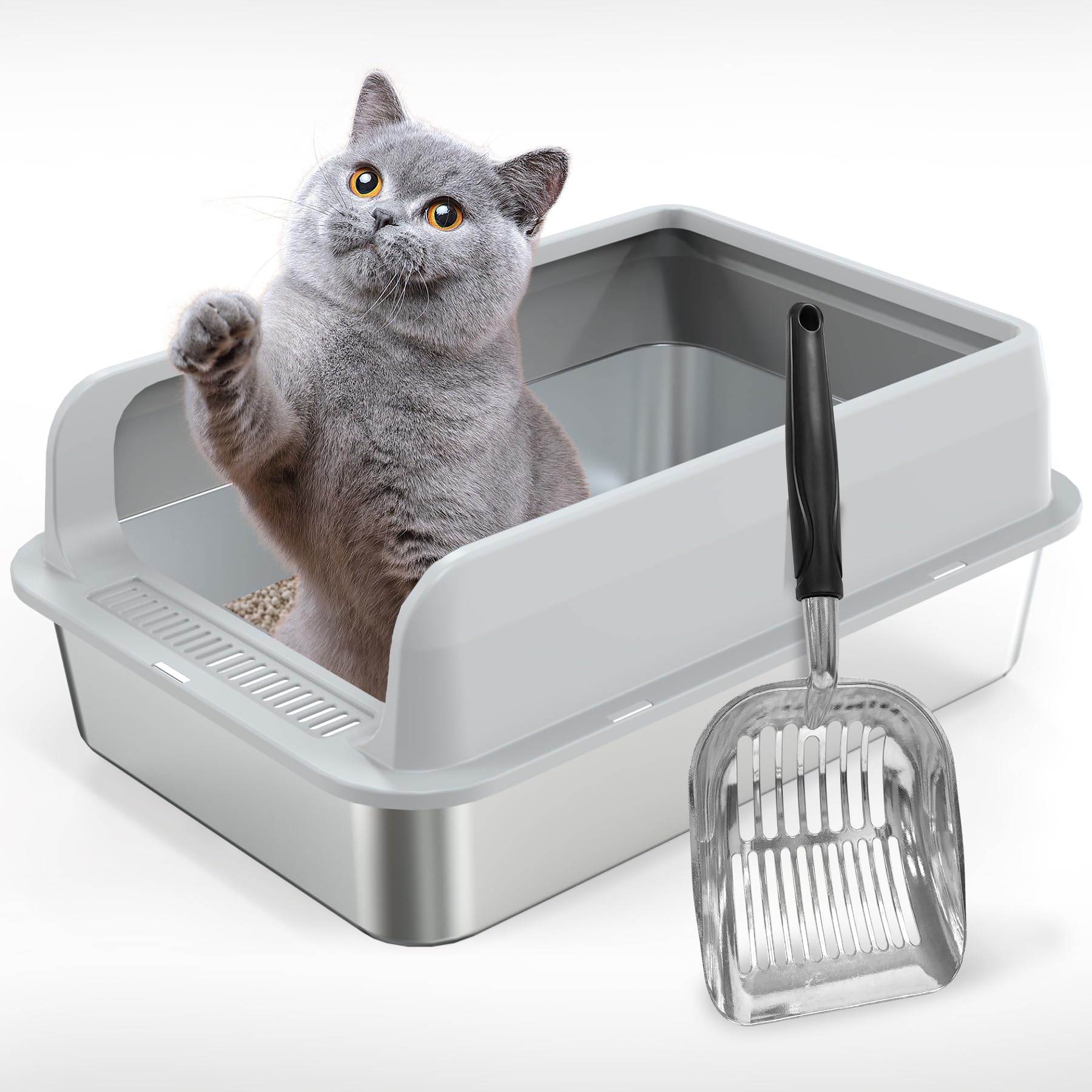 Demiwise Stainless Steel Litter Box with Lid,Large Litter Metal Litter Box with High Sided, Anti-Urine Leakage, Easy Cleaning & Odor-Less, Include Metal Scoop