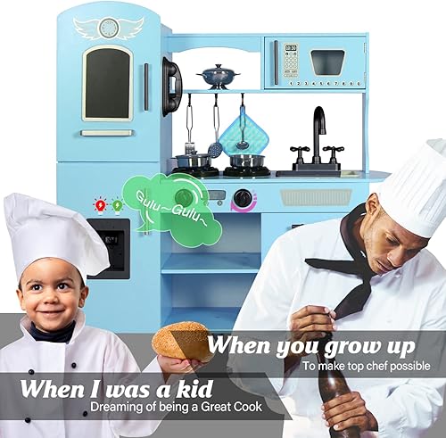 Miniatura 9 de TaoHFE Juego de cocina LED mejorado para niños, cocina de madera, bandeja de gas LED con juguete de sonido, juegos de cocina para niñas, regalo para