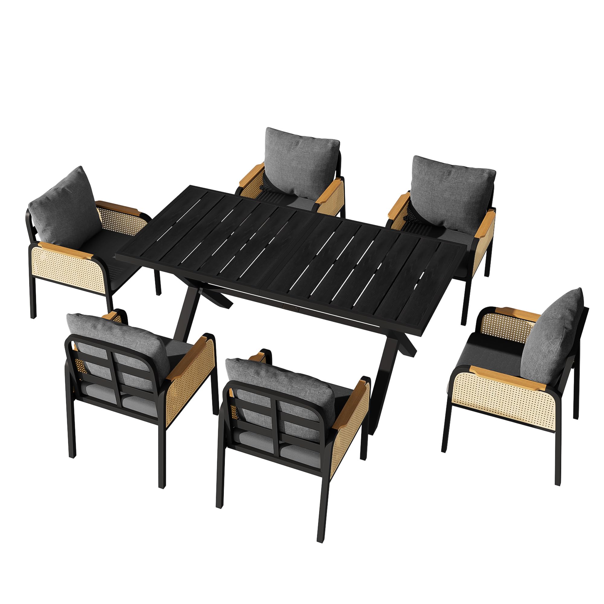 Conjunto de Jardin Exterior para 6 Personas, 7 Piezas, Set Muebles Jardin con 6 Sillones de Ratán y Mesa, Sillas con Cojines, Juego de Muebles de Jardín para Terraza Patio (Negro + Natural)