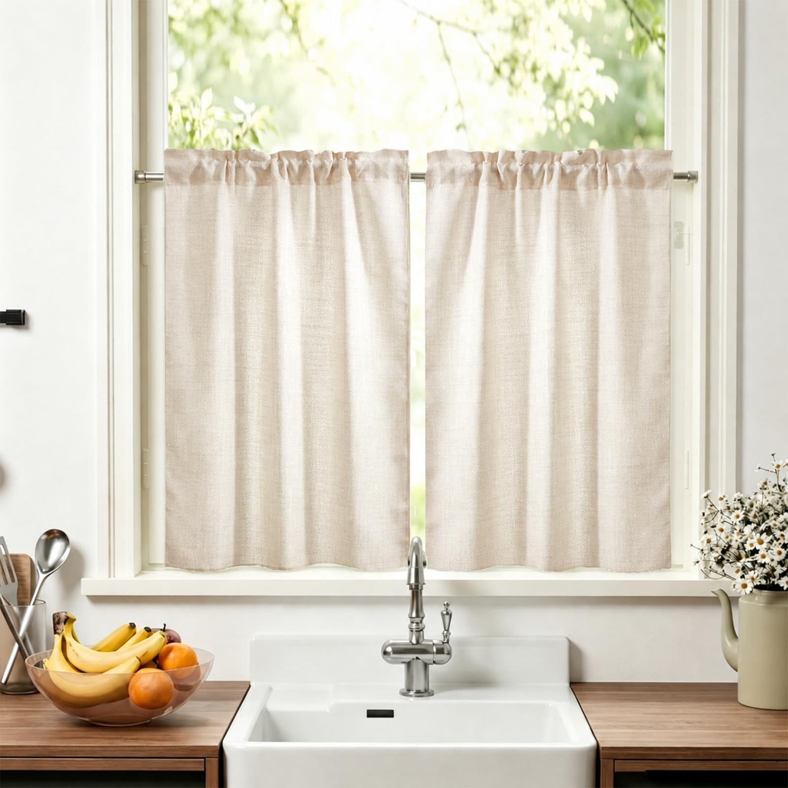 Linen Blend Kitchen Curtains W26xL36 inch,Beige Short Cafe Curtains 2 PCS — image 1
